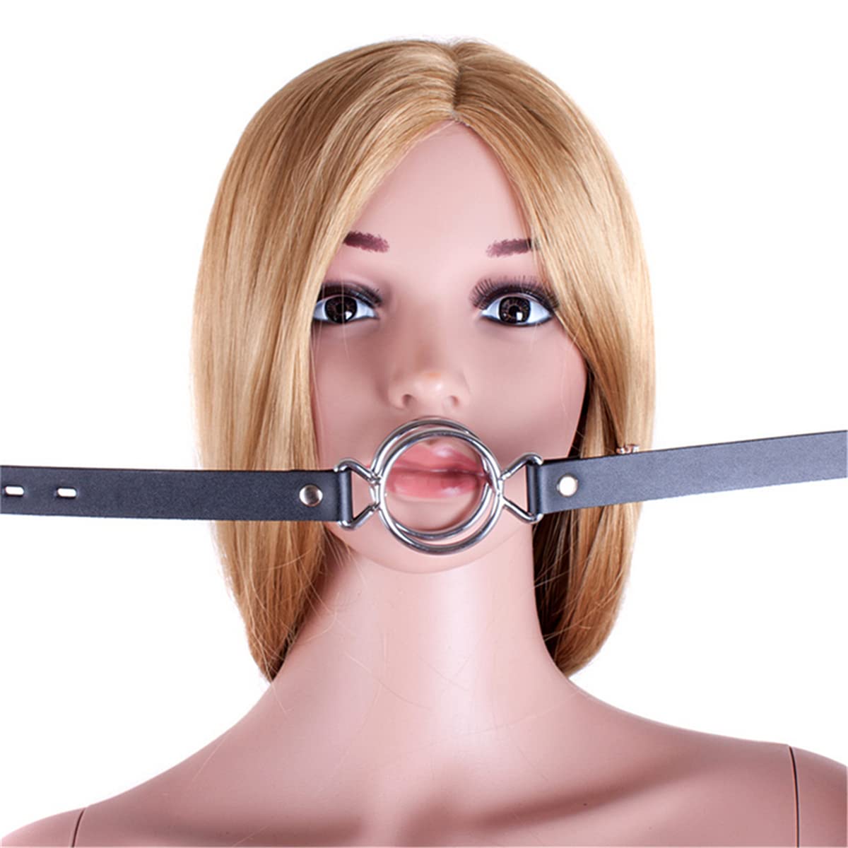 Premium Double Metal Ring Gag - Leather Head Harness Restraint for BDSM Play - Adjustable Mouth Gag Sex Toy for Couples (Silver) - Perfect for Roleplay, Bondage & Sensory Exploration