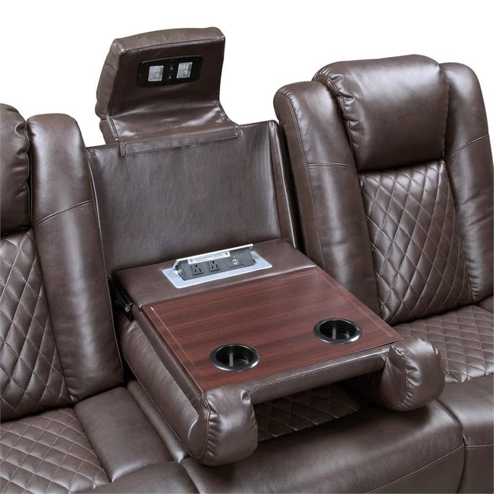 Lexicon Faux Leather Power Reclining Sofa with Power Headrests - Brown Leather Living Room Couch for Home Theater & Family Movie Nights