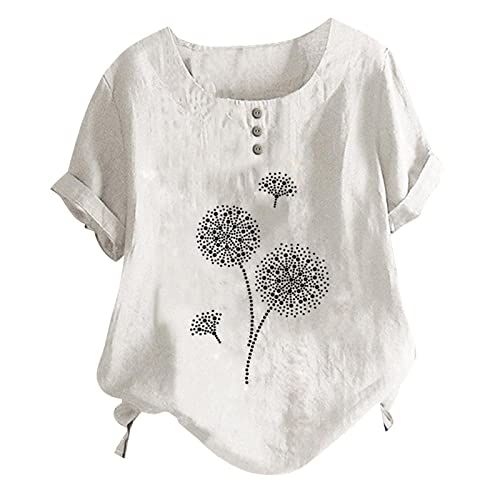 Women's Summer Round Neck Button Cotton Linen Dandelion Print Short Sleeve T-Shirt Top Blouse - Breathable Casual Tee for Outdoor & Vacation (White, Medium)