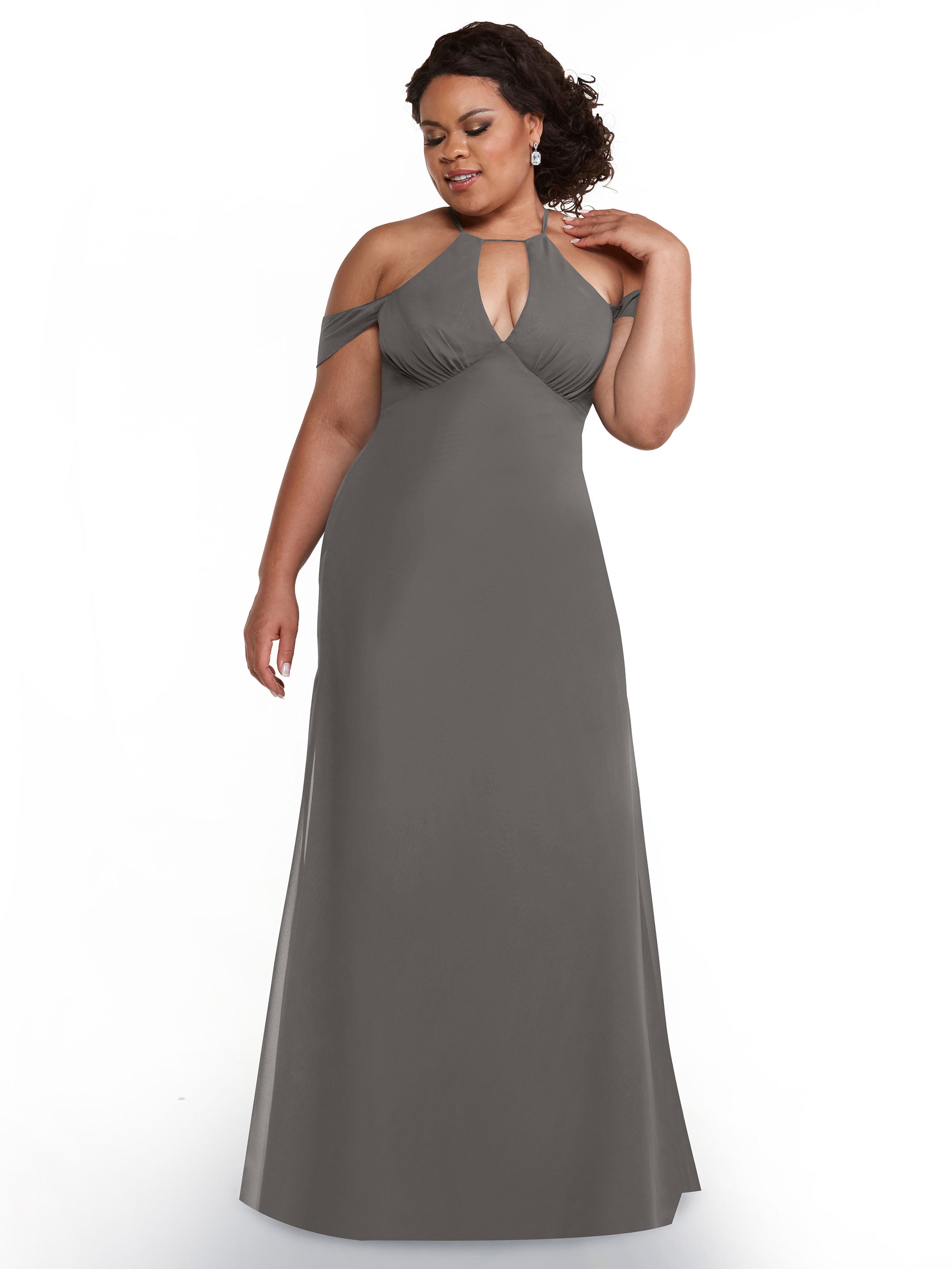 Elegant Off-The-Shoulder Chiffon Bridesmaid Dress with Halter Neckline - Perfect for Weddings, Formal Events & Special Occasions