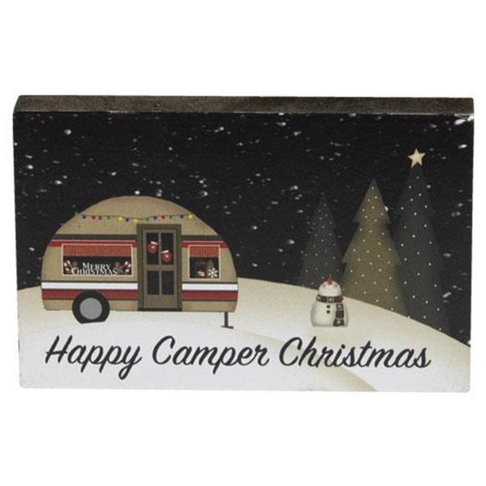 Happy Camper Christmas Block - Festive Holiday Wooden Sign for Home Decor, Cabin & RV - Perfect for Christmas Tree Ornaments, Gift Giving & Seasonal Decorations