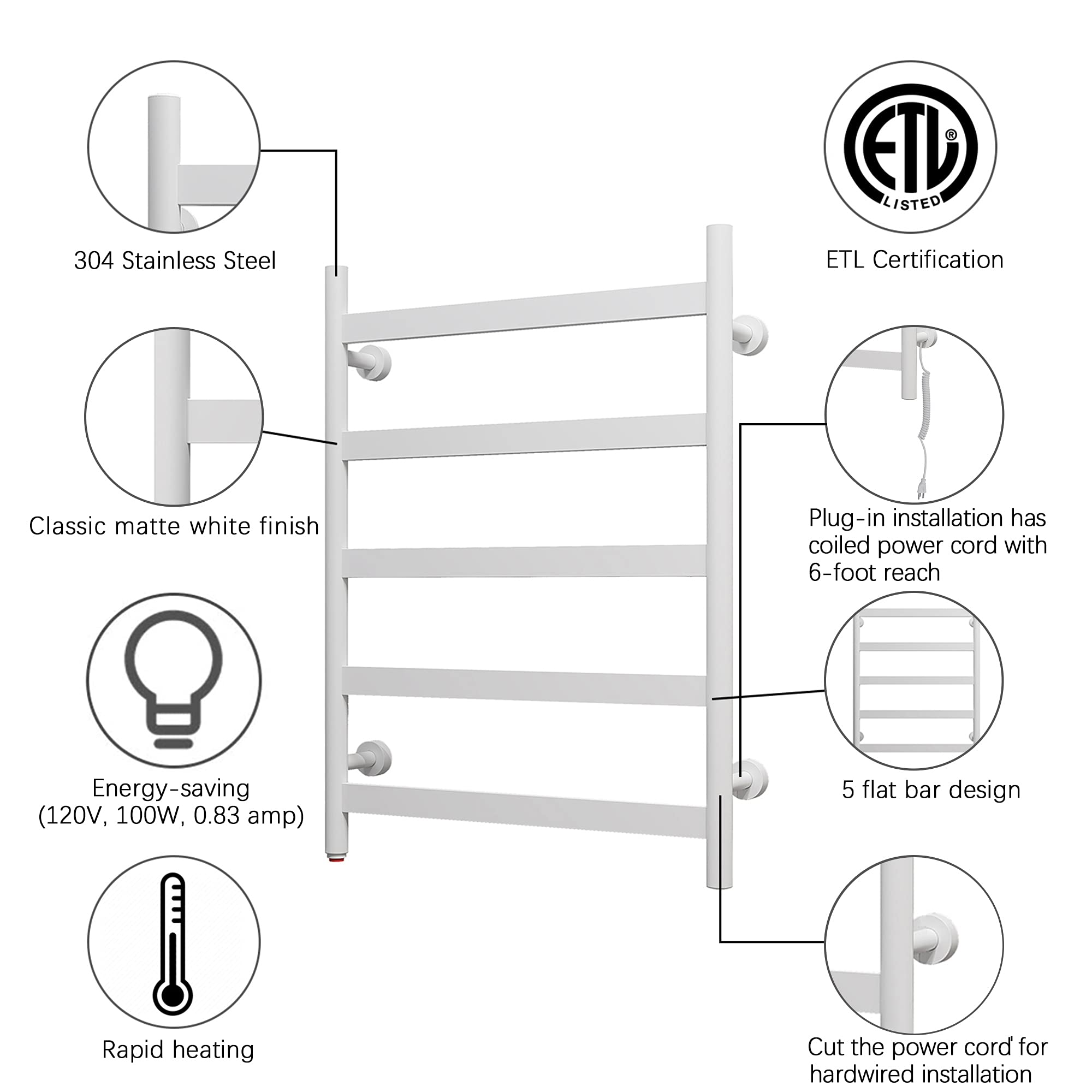 HEATGENE 5-Bar Wall-Mounted Electric Towel Warmer & Dryer - Plug-in Bathroom Heater for Warm Towels - Gloss White Finish | Perfect for Bathrooms, Spas & Luxury Home Use