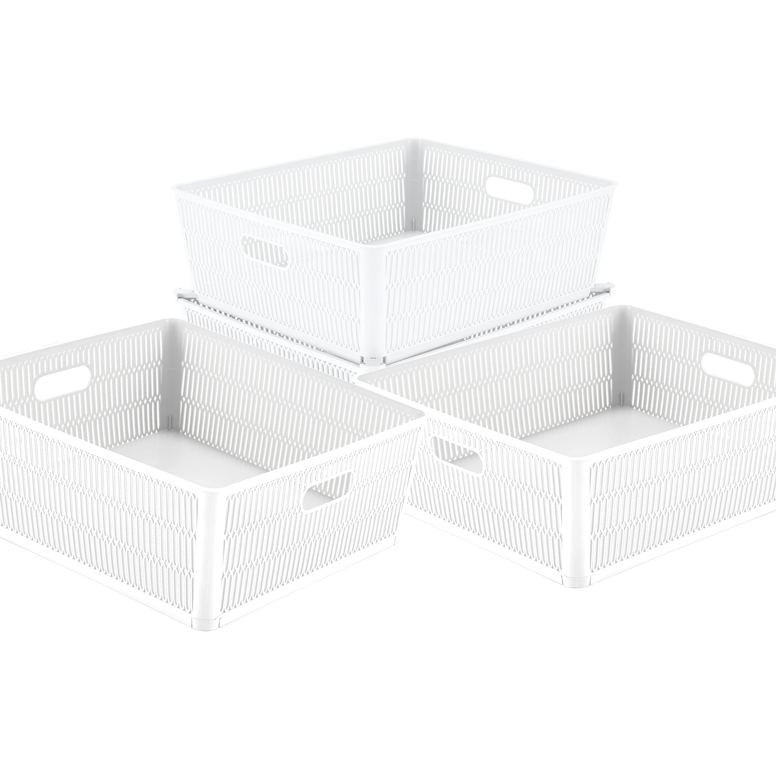 Simplify 4-Pack Shallow Slide Stackable Storage Bins | White Open Tote Baskets for Bathroom, Pantry, Playroom & Office Organization | Stackable Home & Craft Storage Solutions | Perfect for Shelves, Closets & Under-Bed Storage