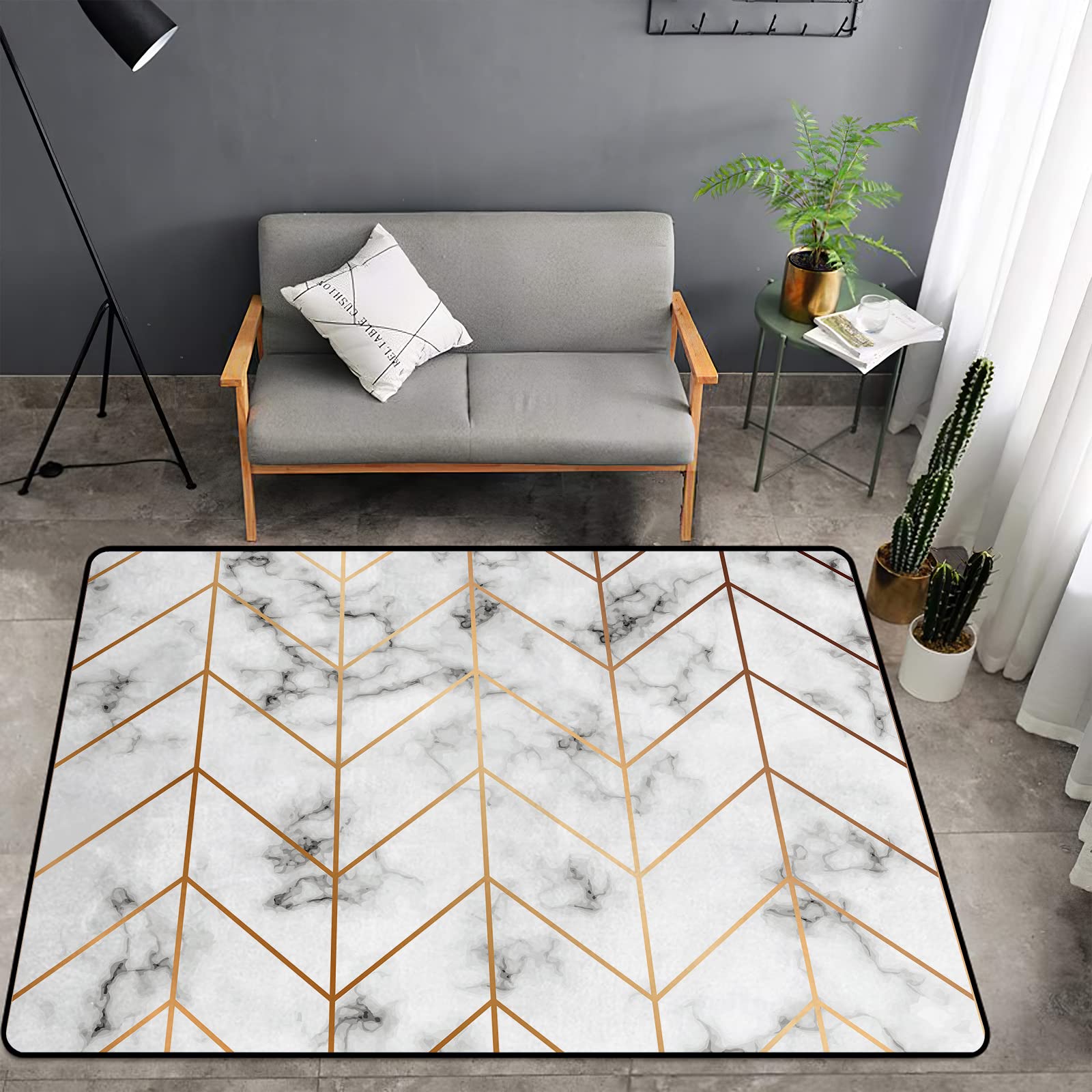 Washable Non-Slip Sponge Rug Mat - Soft Thick Geometric Marble Carpet for Kids Bedroom, Living Room, Bathroom & Dorm | Modern Luxury Home Decor with Golden Lines | Perfect for Indoor Floor Protection and Cozy Comfort
