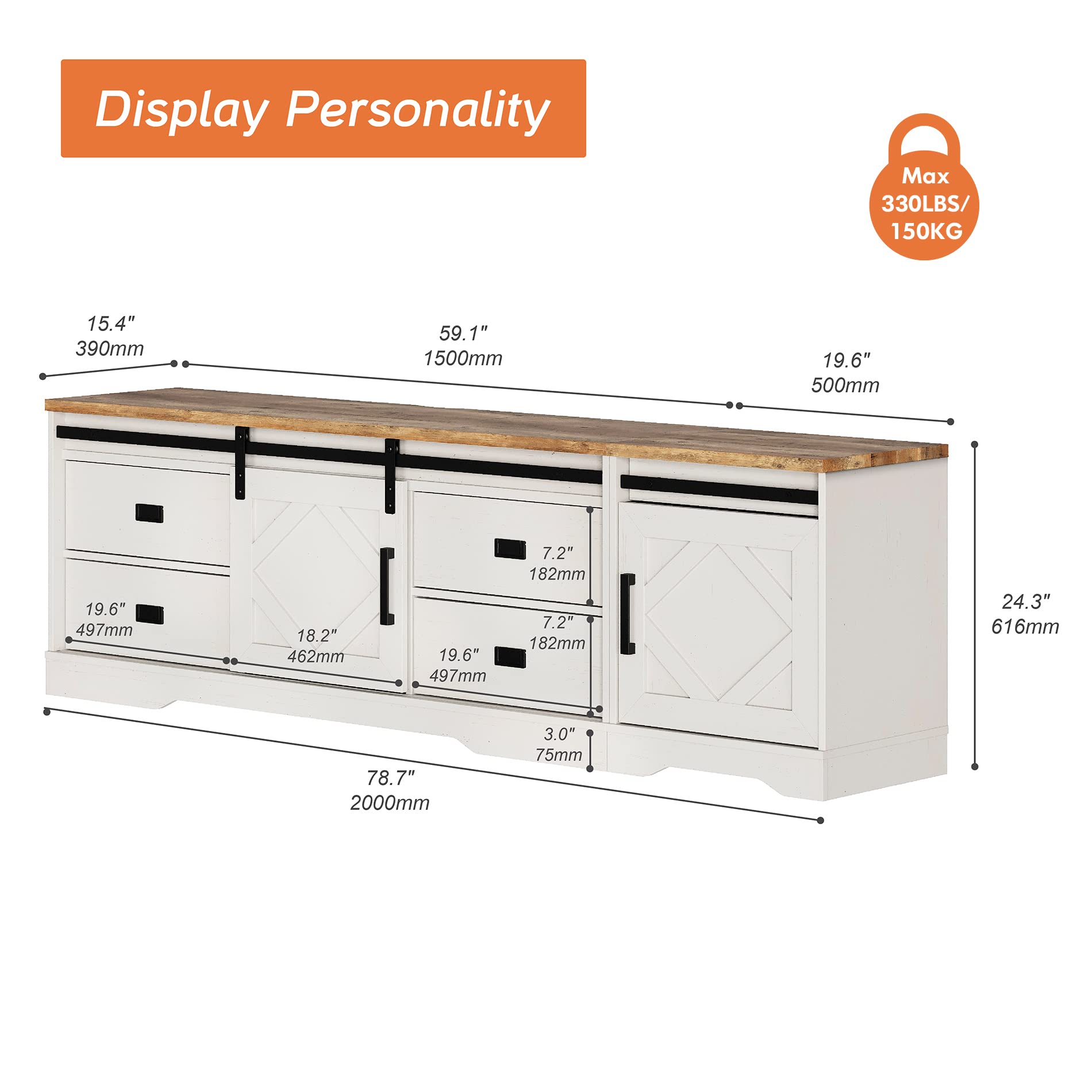 WAMPAT Modern Farmhouse 2-in-1 TV Stand for 85 Inch TVs - Wood Entertainment Center with Storage Drawers & Adjustable Shelves - Antique White Finish - Perfect for Living Room, Bedroom or Home Theater Setup