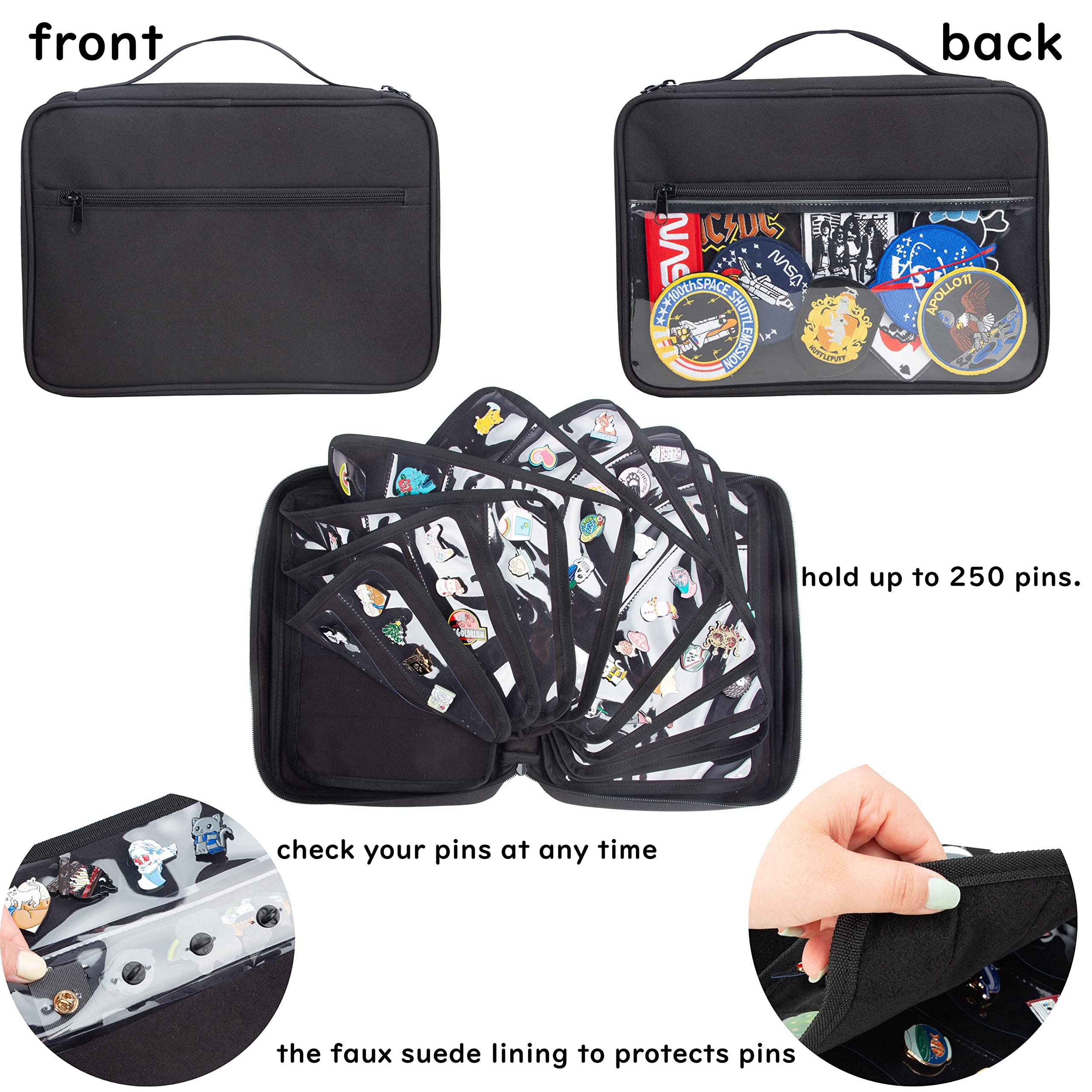 Large Portable Travel Brooch Pin Carrying Case - Enamel Pin & Lapel Pin Storage Organizer with 2 Zipper Pockets & 10 Display Pages (Holds 250 Pins) - Perfect for Collectors, Conventions & Travel (Black)