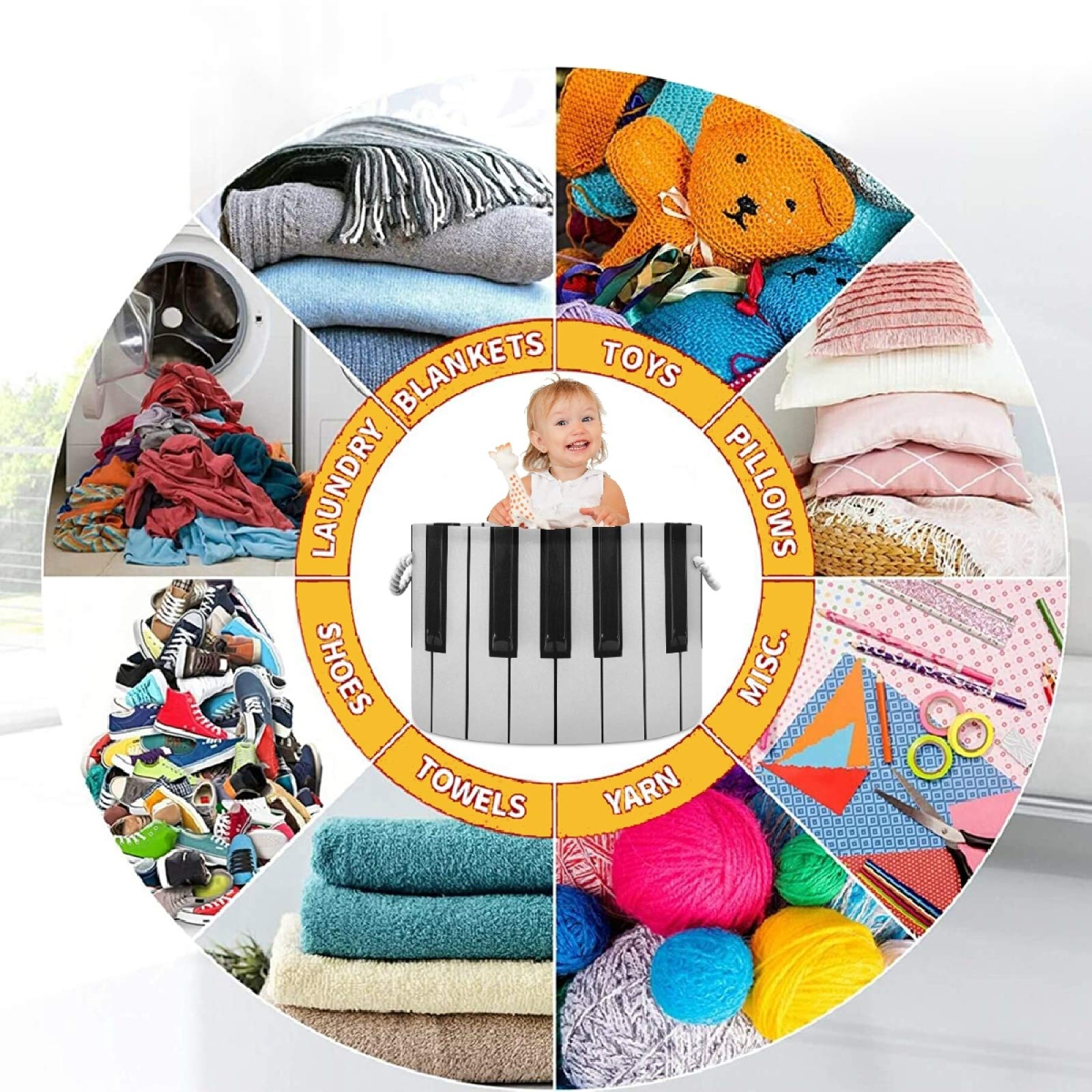 Visesunny Black and White Piano Key Collapsible Large Storage Basket with Cotton Handles - Foldable Organizer Bin for Bedroom, Closet, Office, Toys & Laundry - Perfect for Home Organization & Space Saving