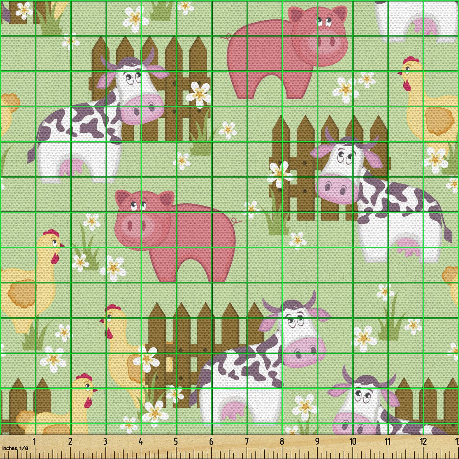 Lunarable Farmhouse Fabric by The Yard - Country Style Cartoon Animal Print with Cow, Pig & Chicken Design for Upholstery, Home Decor | 10 Yards Green & Pink Fabric for DIY Projects, Curtains, Pillows & Quilting
