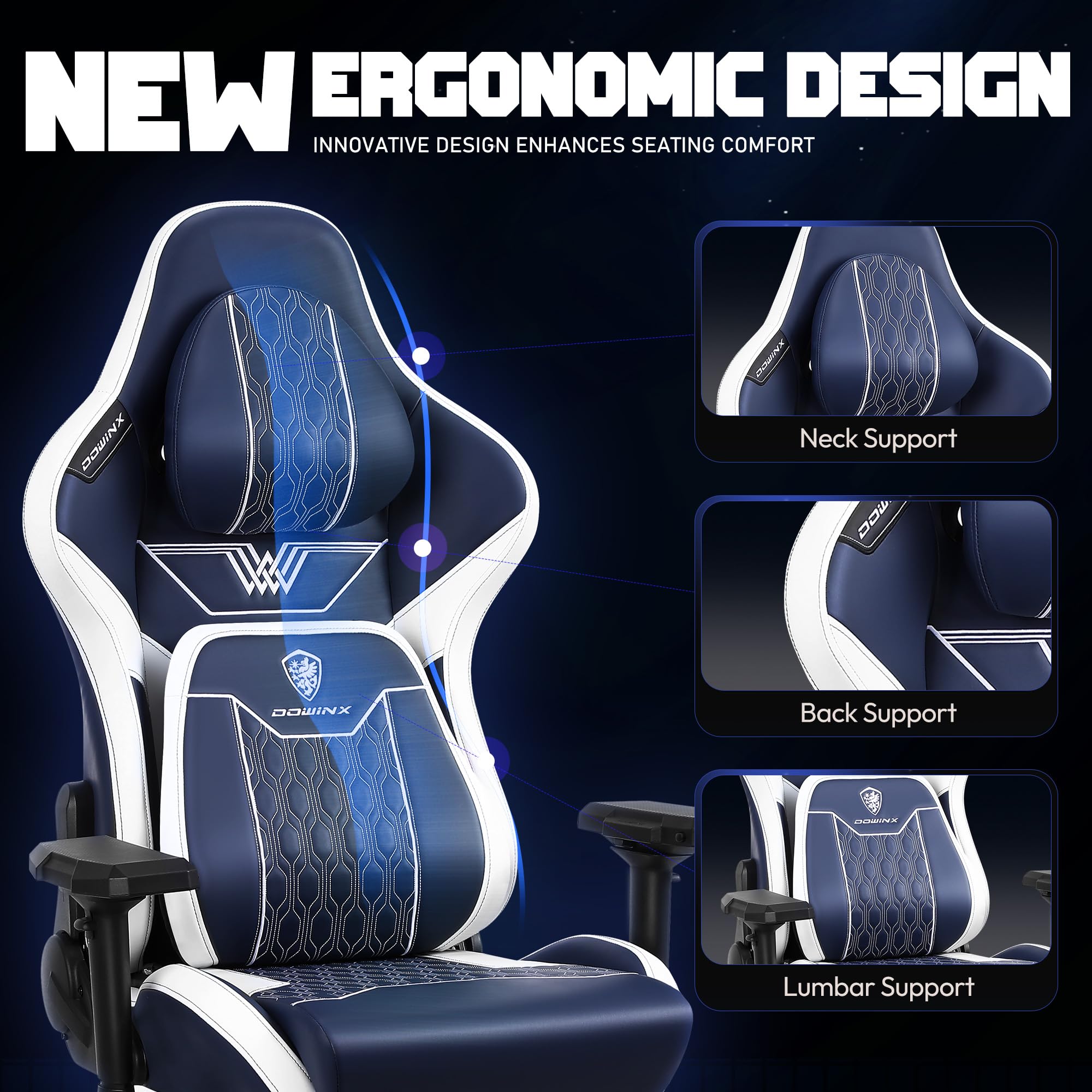 Dowinx Big and Tall Gaming Chair with Footrest - Ergonomic High Back Office Chair with Adjustable Headrest & Lumbar Support, 4D Armrests Computer Desk Chair for Adults - PU Leather Blue Gaming Chair for Home Office, Streaming & Esports