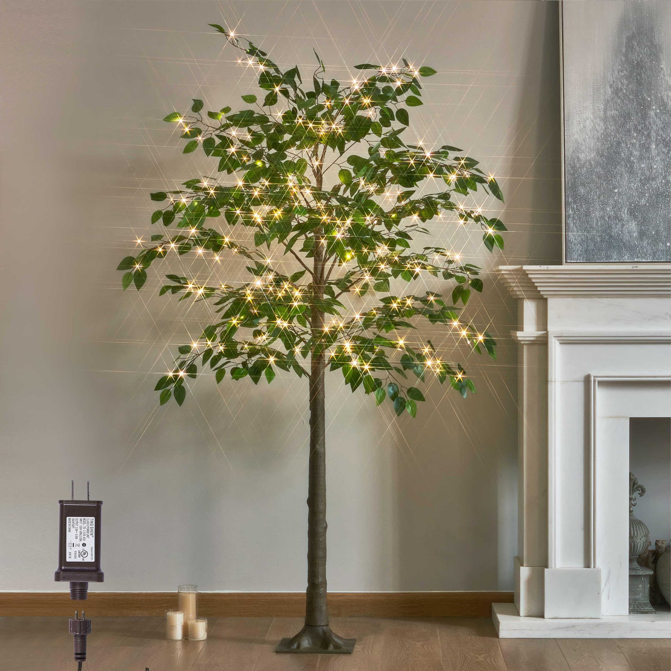 6FT LITBLOOM LED Ficus Tree with 264 Warm White Fairy Lights - Artificial Indoor Greenery for Home, Living Room, Fireplace & Holiday Decor - Perfect for Christmas, Wedding, and Cozy Ambiance Lighting