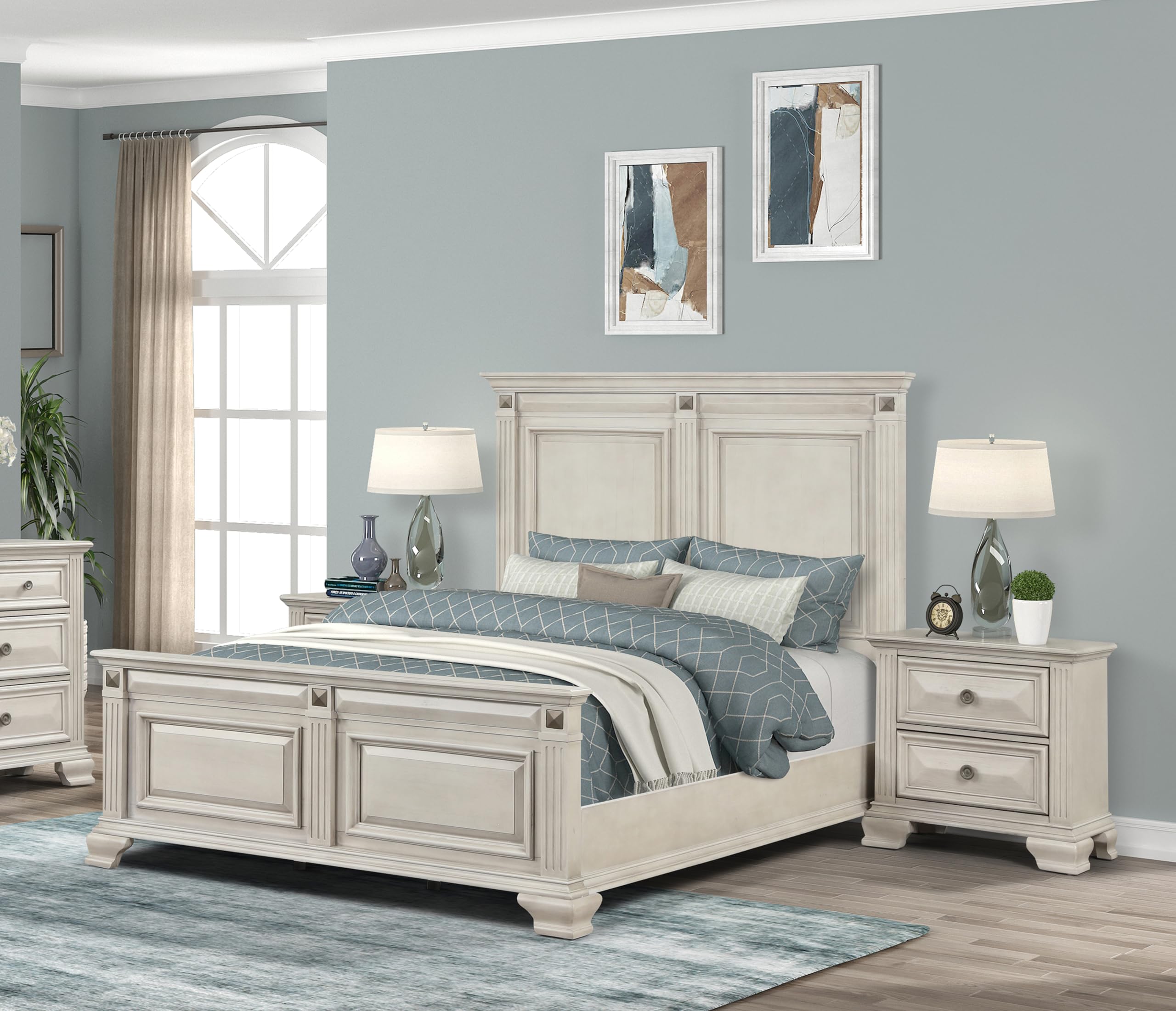 Roundhill Furniture Renova 3-Piece Queen Bedroom Set with Bed & 2 Nightstands in Distressed Silver Parchment - Perfect for Modern Farmhouse or Rustic Chic Bedroom Decor