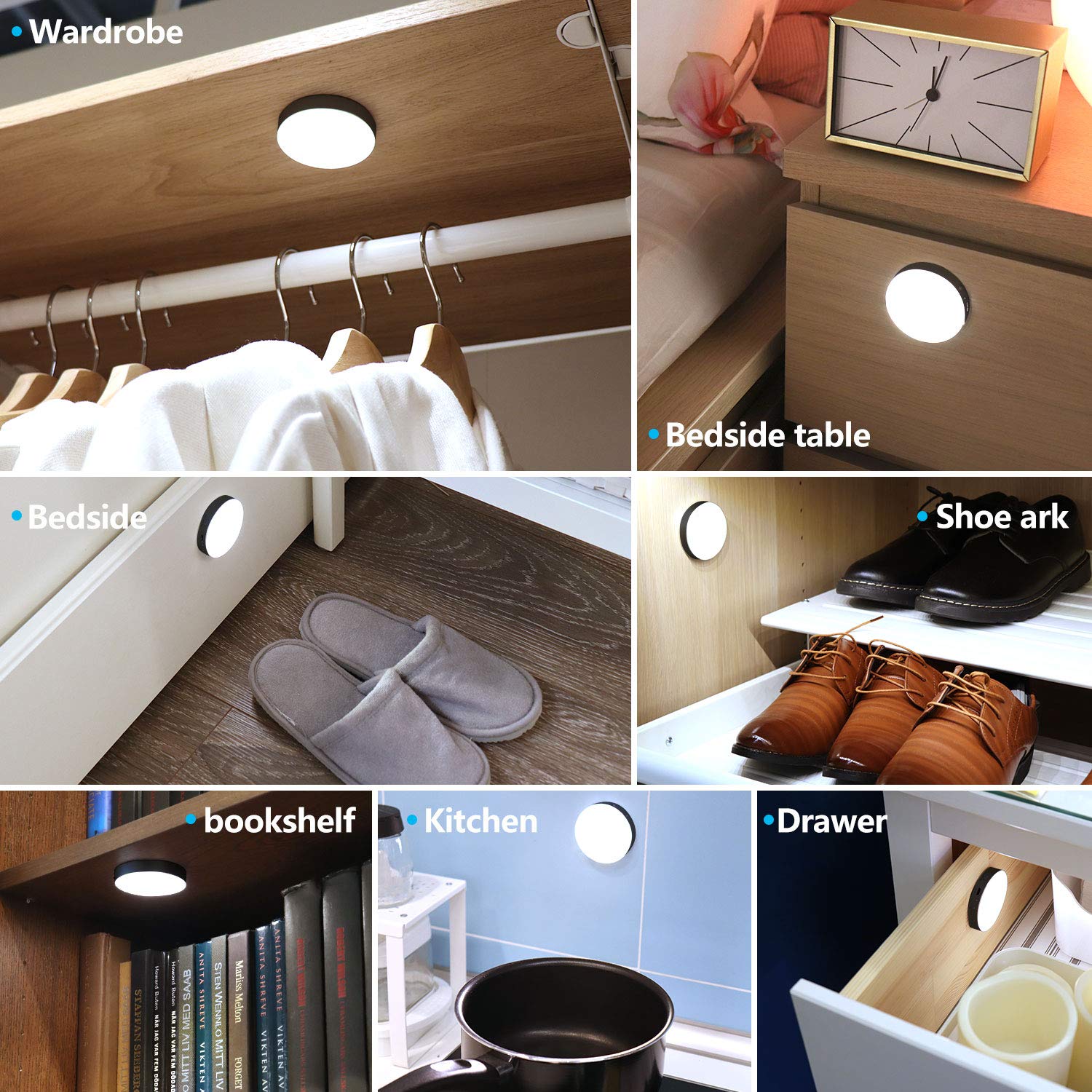 Rechargeable Motion Sensor LED Night Light for Closet, Hallway, Bathroom, Bedroom & Kitchen - Energy Saving Round Black Nightlight (2 Pack) - Perfect for Kids Rooms, Stairs Safety & Elderly Care at Night
