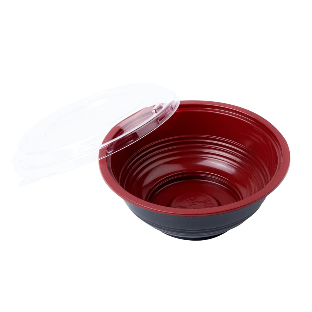 Restaurantware 18oz Disposable Food Containers - 200 Pack Salad Bowls with Lids, Microwave Safe Black & Red Plastic To-Go Bowls | Perfect for Asian Cuisine, Picnics, Takeout, Catering & Meal Prep