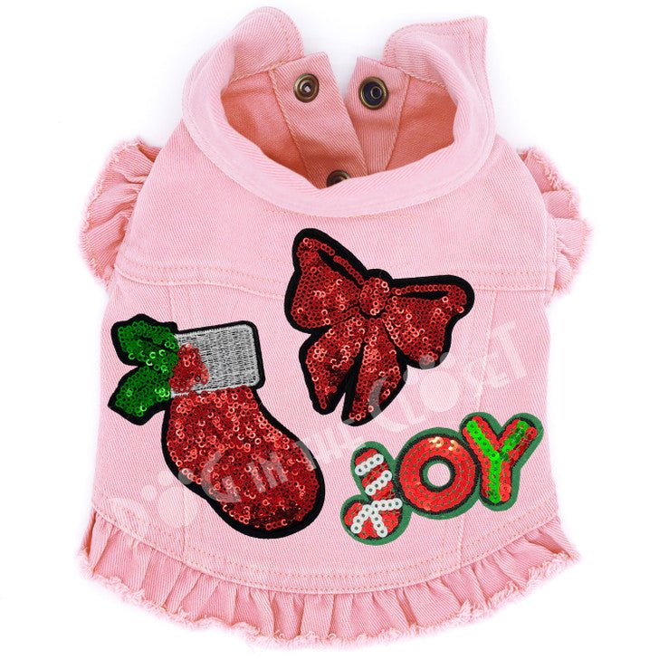 Stylish Pink Denim Dog Jacket with Ruffles - Christmas Pet Fashion for Small to Medium Dogs - Perfect for Holiday Photos & Winter Walks