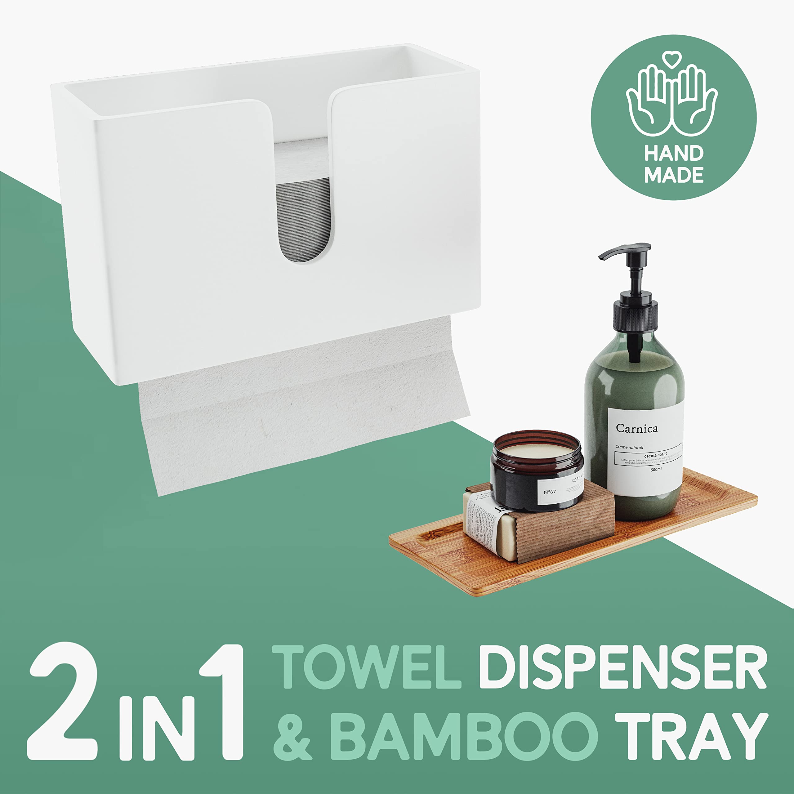 Premium Bamboo Paper Towel Dispenser - Wall Mount & Countertop Holder for C-Fold/Z-Fold/Tri-Fold Towels - Removable Top Tray for Kitchen, Bathroom & Commercial Use - Eco-Friendly White Towel Organizer - Perfect for Restaurants, Offices & Home Decor