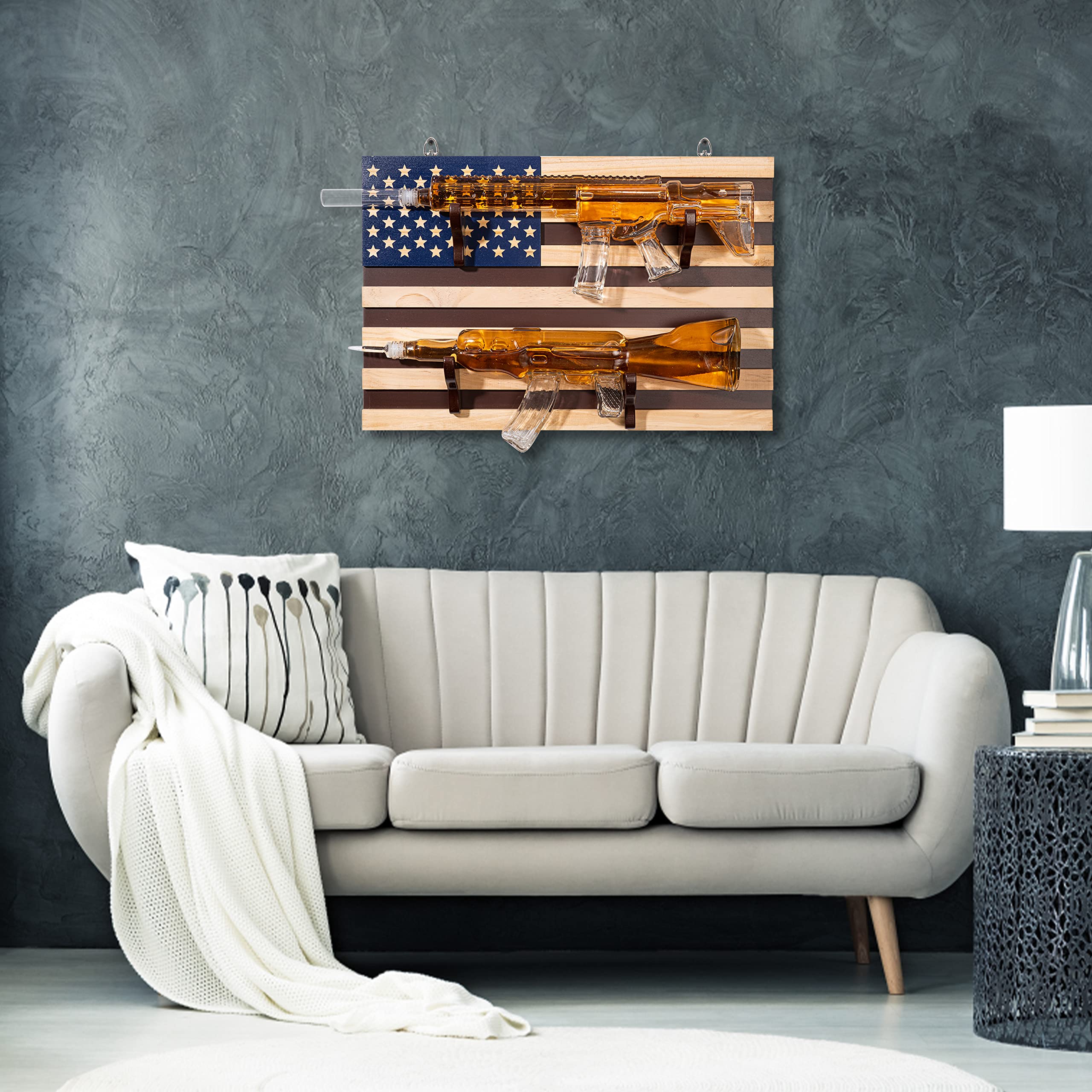 AR15 & AK47 Gun Whiskey Decanter Set - 1000ml Military-Themed Glass Decanters with American Flag Wall Rack - Unique Gifts for Men, Dad, Veterans & Gun Lovers - Perfect for Whiskey Tasting, Home Bar Decor & Military Appreciation Gifts