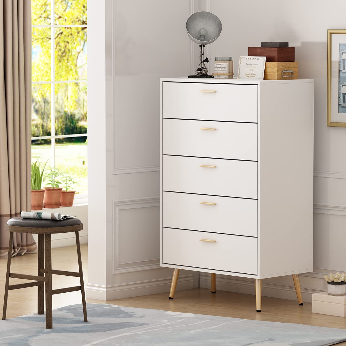 FUFU&GAGA 5-Drawer Dresser with Round Metal Legs - White Storage Cabinet Organizer for Bedroom, Living Room, Closet | Space-Saving Chest for Clothes, Toys, Linens & Home Organization