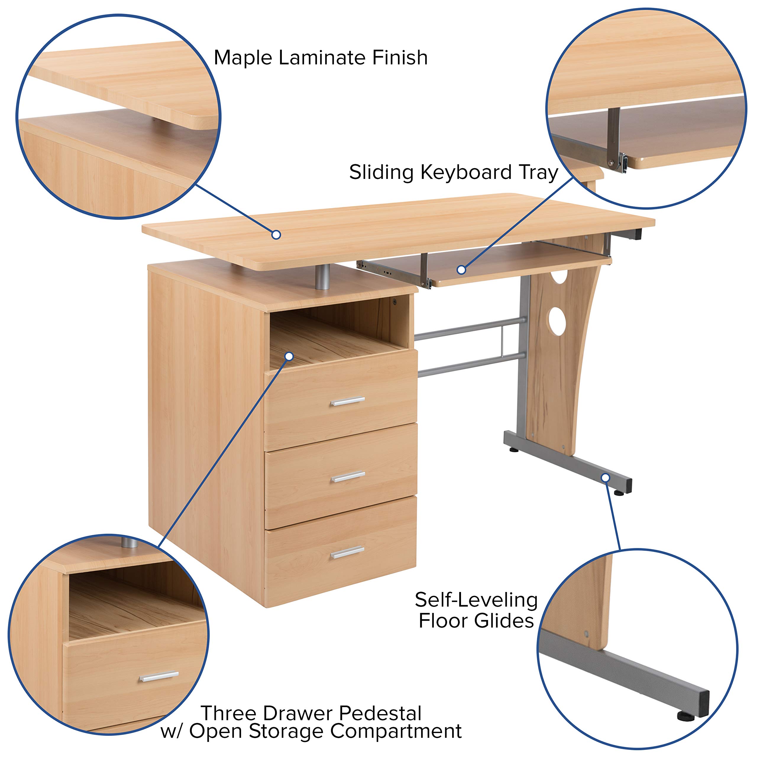 Solid Maple Wood Desk with 3 Drawers, Single Pedestal & Pull-Out Keyboard Tray - Perfect for Home Office, Study Room or Small Workspace