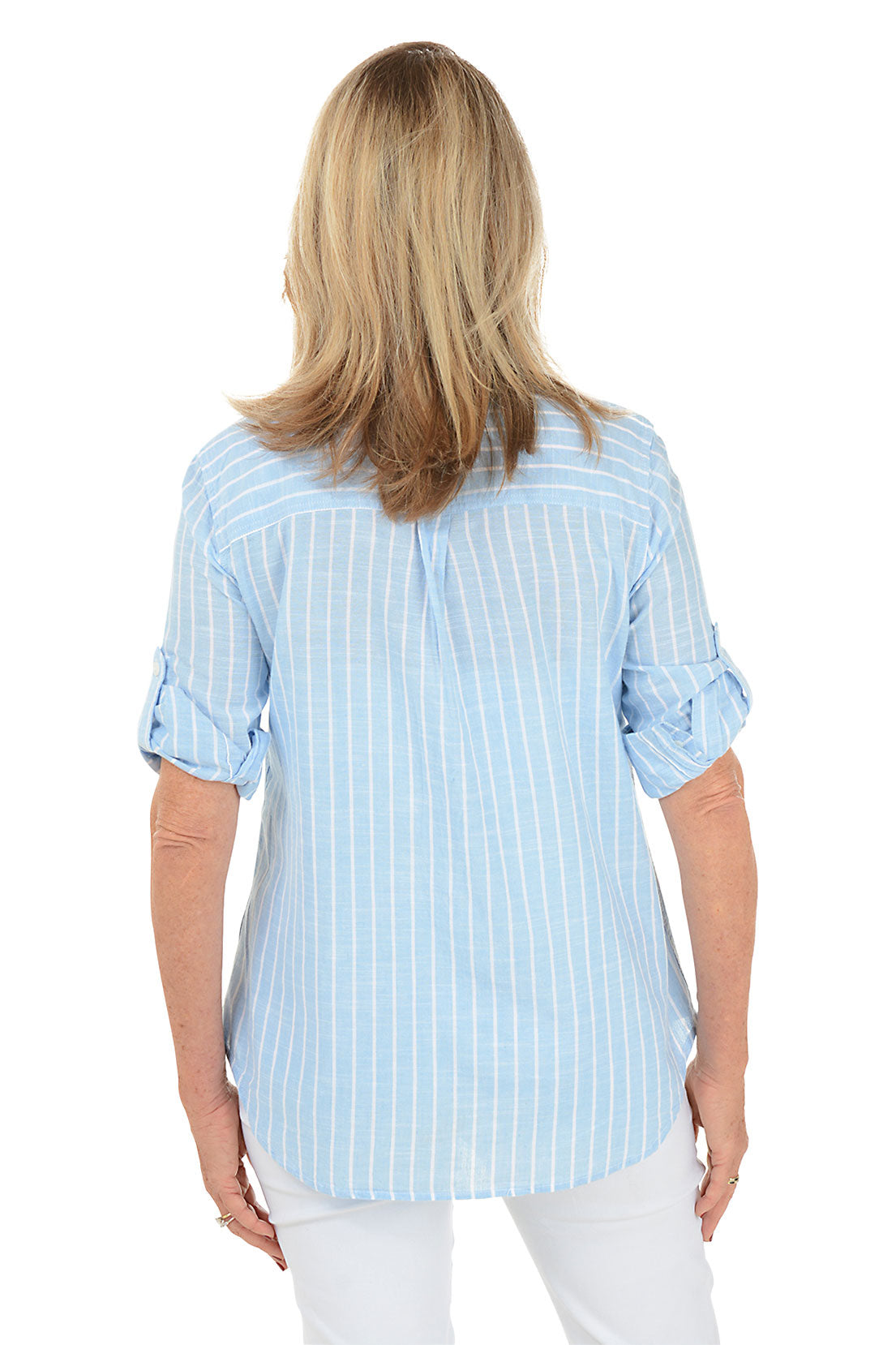 Stylish Chambray Striped Cotton Roll-Up Sleeve Shirt for Men & Women - Perfect for Casual Outfits, Beach Wear & Summer Fashion