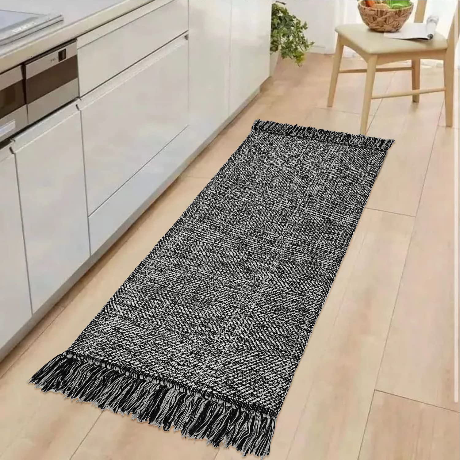 Collive Kitchen Runner Rug, 2' x 4.3' Cotton Hand-Woven Reversible Washable Rug - Modern Farmhouse Black Bathroom & Entryway Rug for Hallway, Foyer, Bedroom, Back Door - Perfect for Kitchen, Bathroom & High-Traffic Areas