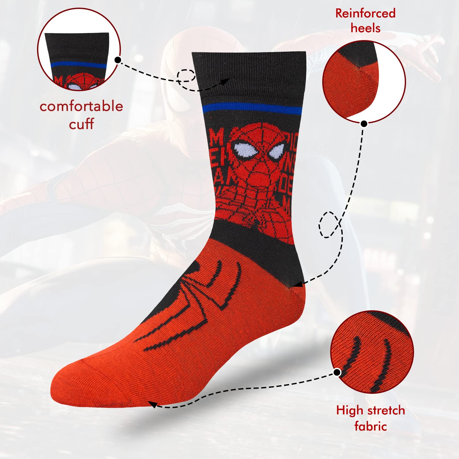 Marvel Spiderman Athletic Socks 6-Pack for Men & Boys - Superhero Comic Design, Breathable Cotton, Non-Slip Grip - Perfect for Sports, Cosplay & Everyday Wear