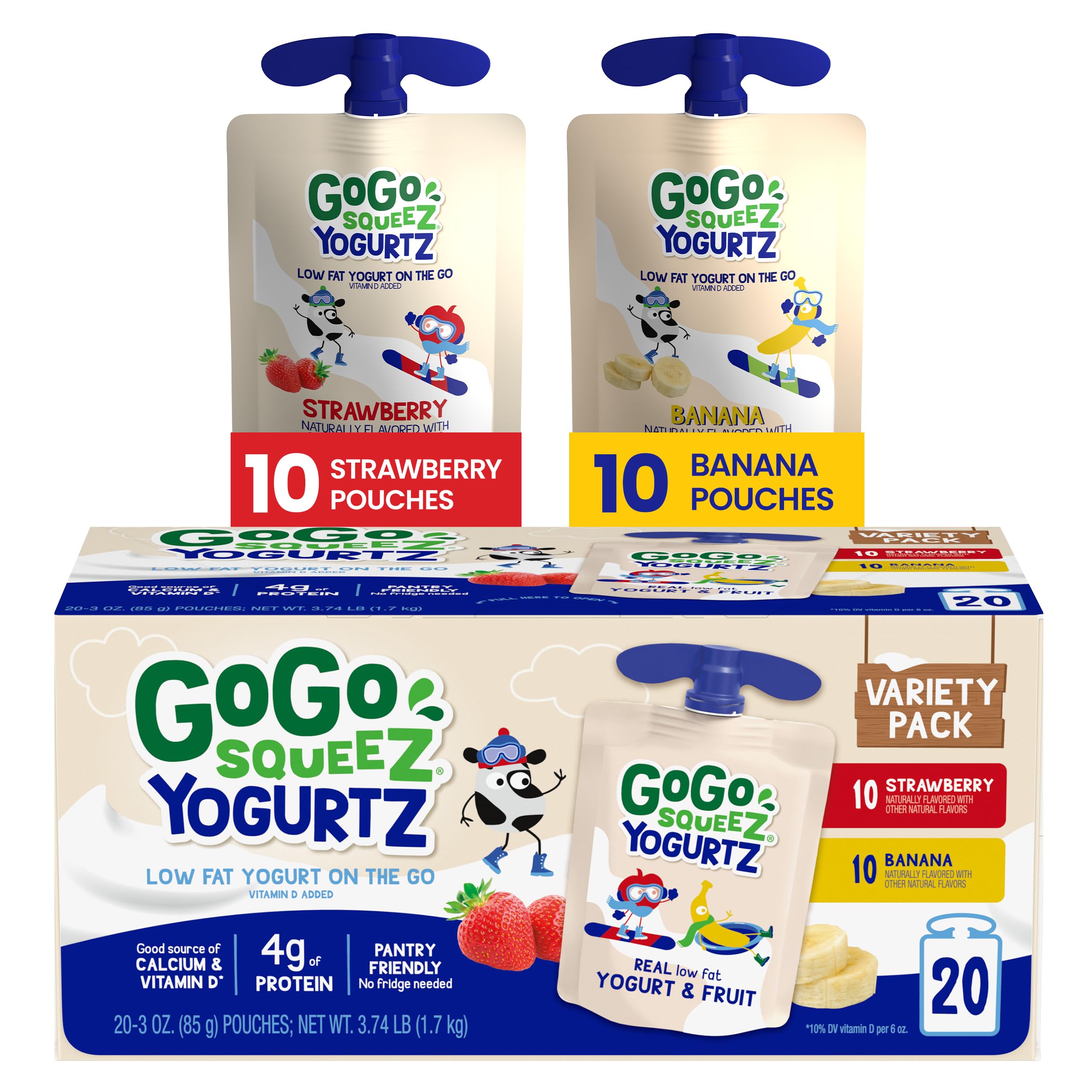 GoGo squeeZ Yogurt Variety Pack - Strawberry & Banana Flavored, 3oz Pouch (20 Pack) | Healthy Kids Snacks Made with Real Yogurt & Fruit | No Refrigeration Needed, Gluten Free, Nut Free, BPA Free | Perfect for School Lunches, Road Trips & On-the-Go Snacking