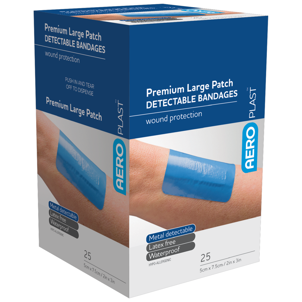 Premium Detectable Bandages (Large Patch) - Box of 25 | High-Visibility First Aid for Food Service & Industrial Safety | Workplace & Kitchen Use