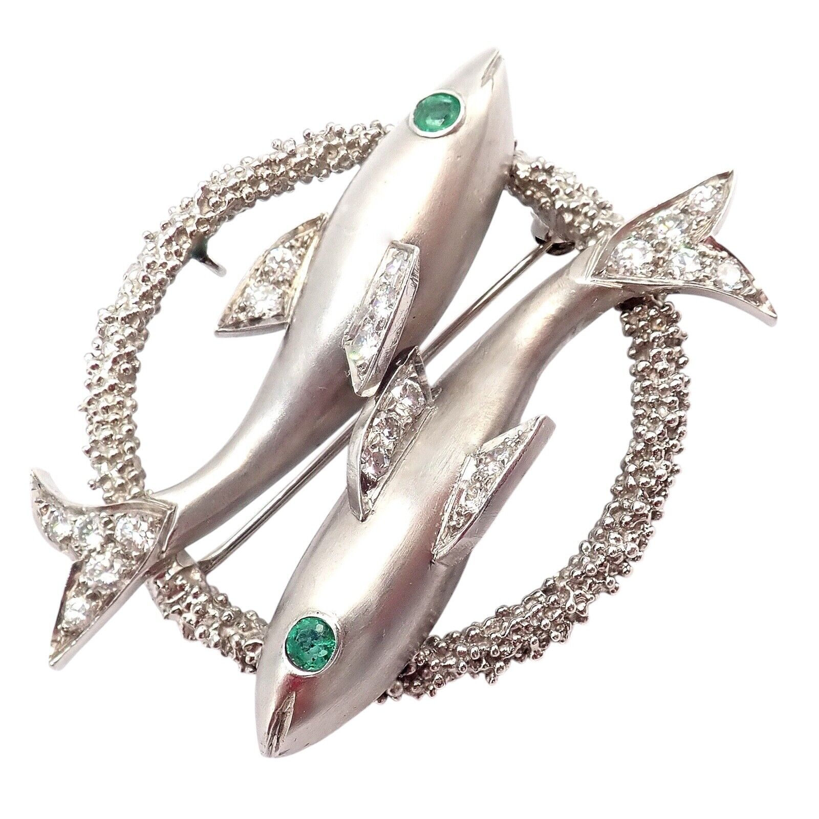 Cartier 18k White Gold & Platinum Diamond Emerald Zodiac Pisces Fish Brooch Pin - Luxury Jewelry Gift for Women, Perfect for Special Occasions & Collectors