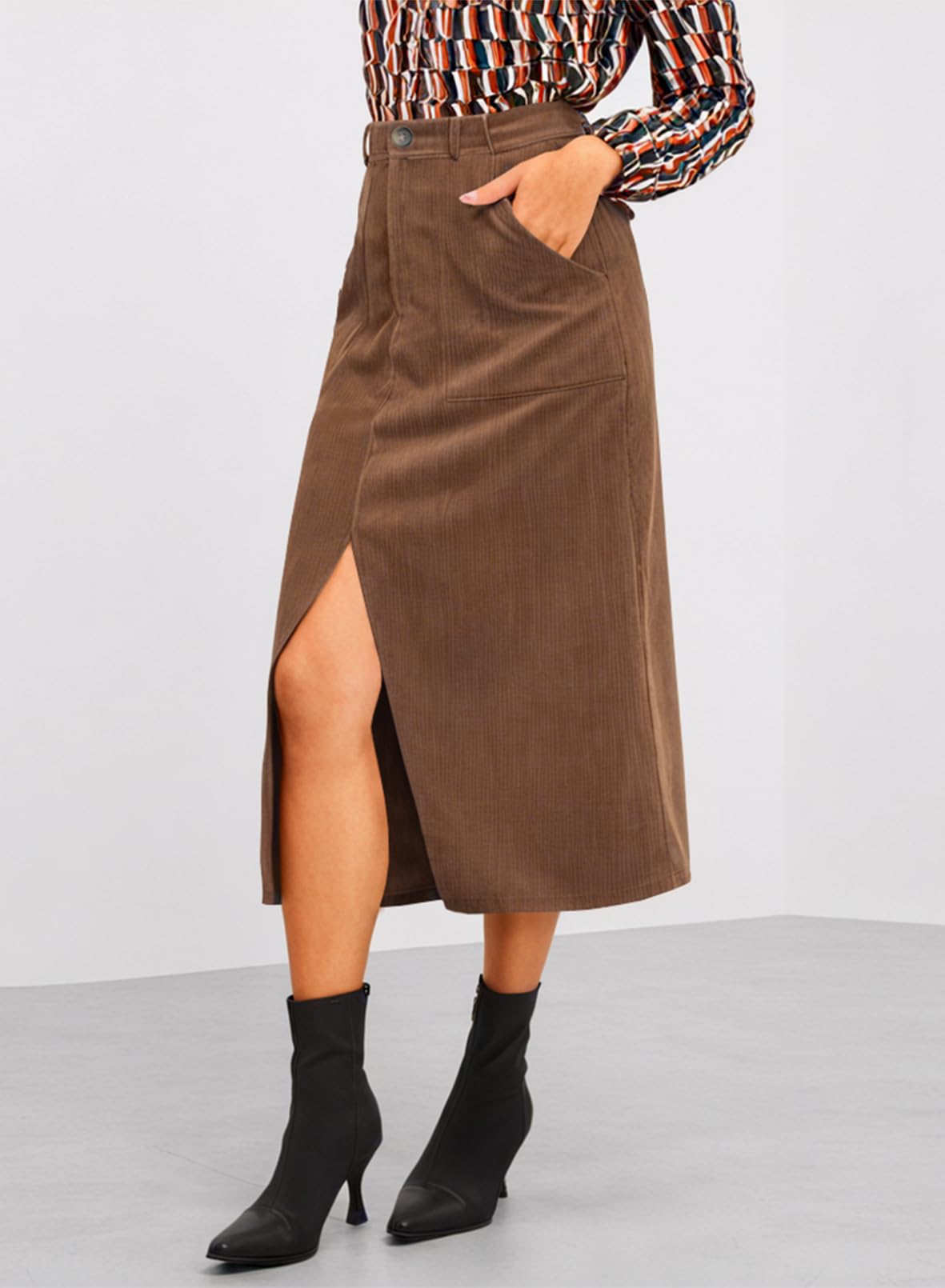 Happy Sailed Women's High Waist Split A-Line Corduroy Skirt - Casual Midi Skirt with Pockets for Work, Date Night & Fall Outfits | Comfortable & Stylish