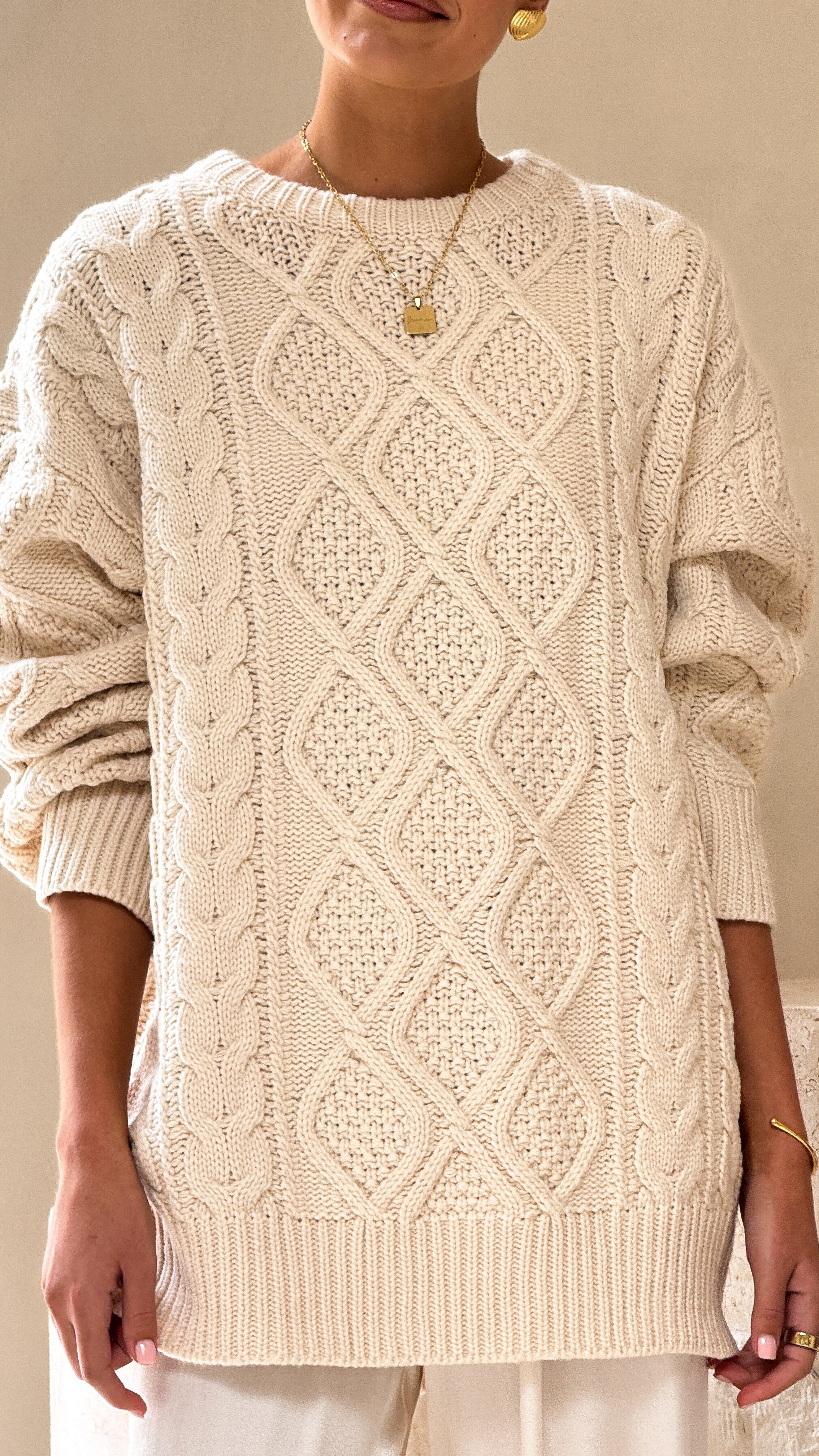 Luna Knit Sweater Women's Soft Cream Pullover - Cozy Winter Casual Wear for Office & Outings