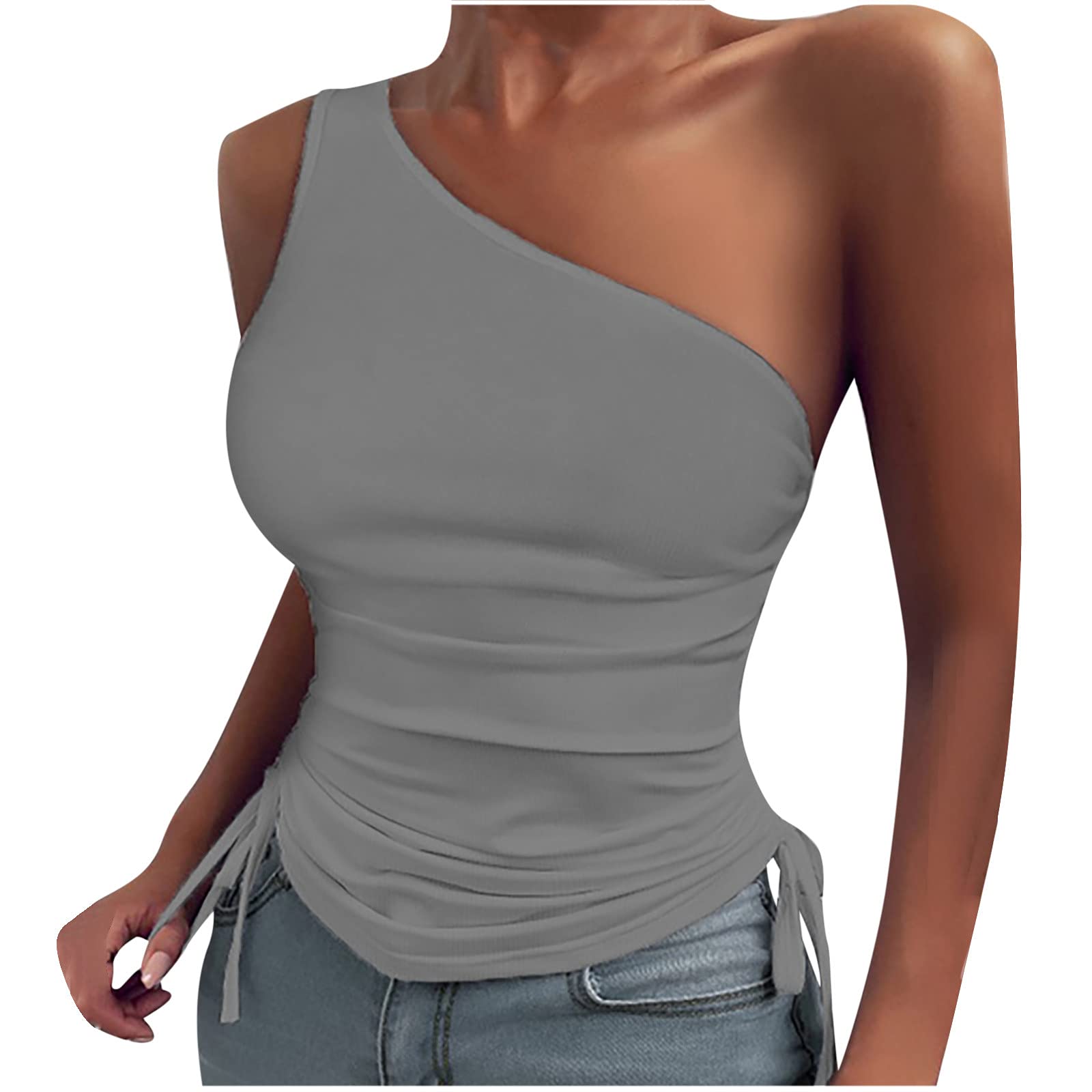 Coersd Women's Solid Skew Collar Sleeveless Bandage Blouse - Sexy Party Club Tank Top for Summer Night Out & Casual Wear