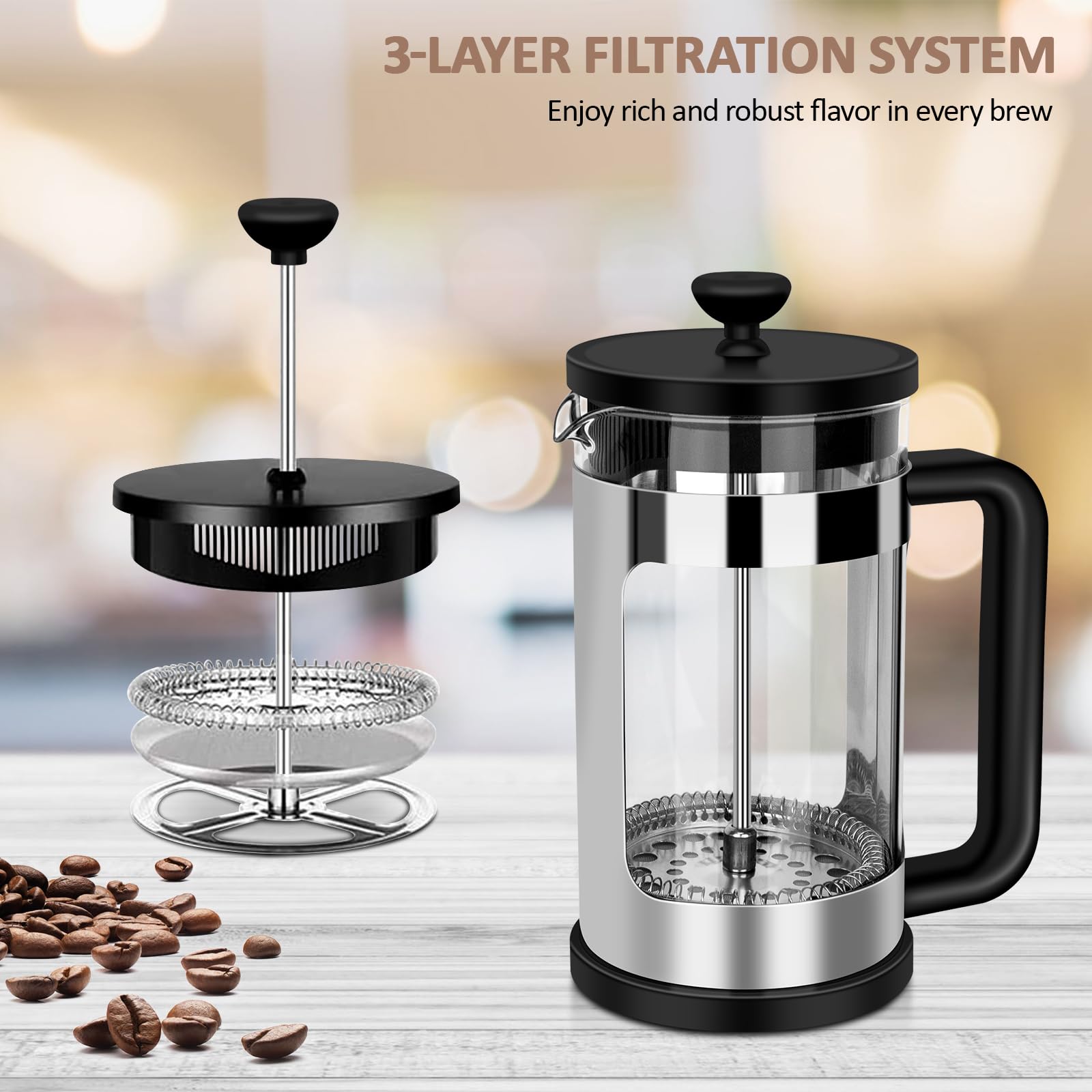 RAINBEAN 12 Oz French Press Coffee Maker - Single Serve Mini Coffee Press with 3-Stage Filtration, Heat-Resistant Borosilicate Glass - Perfect for Home, Office & Travel Coffee Brewing