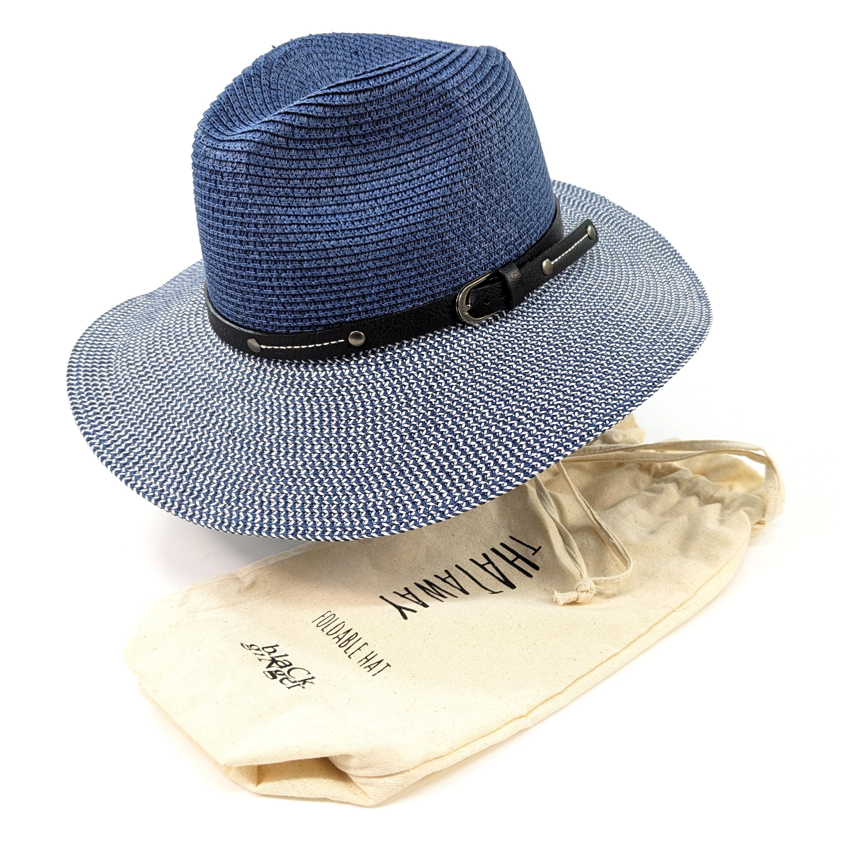 Two Tone Panama Foldable Hat for Men & Women - Mottled/Navy Blue with Adjustable Belt (57cm) - Perfect for Beach, Travel, and Outdoor Activities