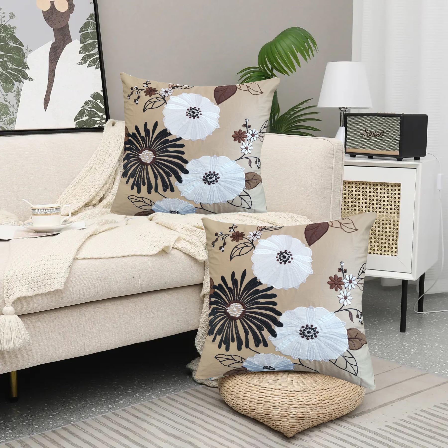 European Floral Appliquéd Embroidery Cotton Satin Cushion Cover 18x18 Inch - French Country Farmhouse Decorative Throw Pillow Case in Black/White/Brown Blooming Flower Design for Living Room Sofa, Bedroom Decor, Fall and Festive Home Accents