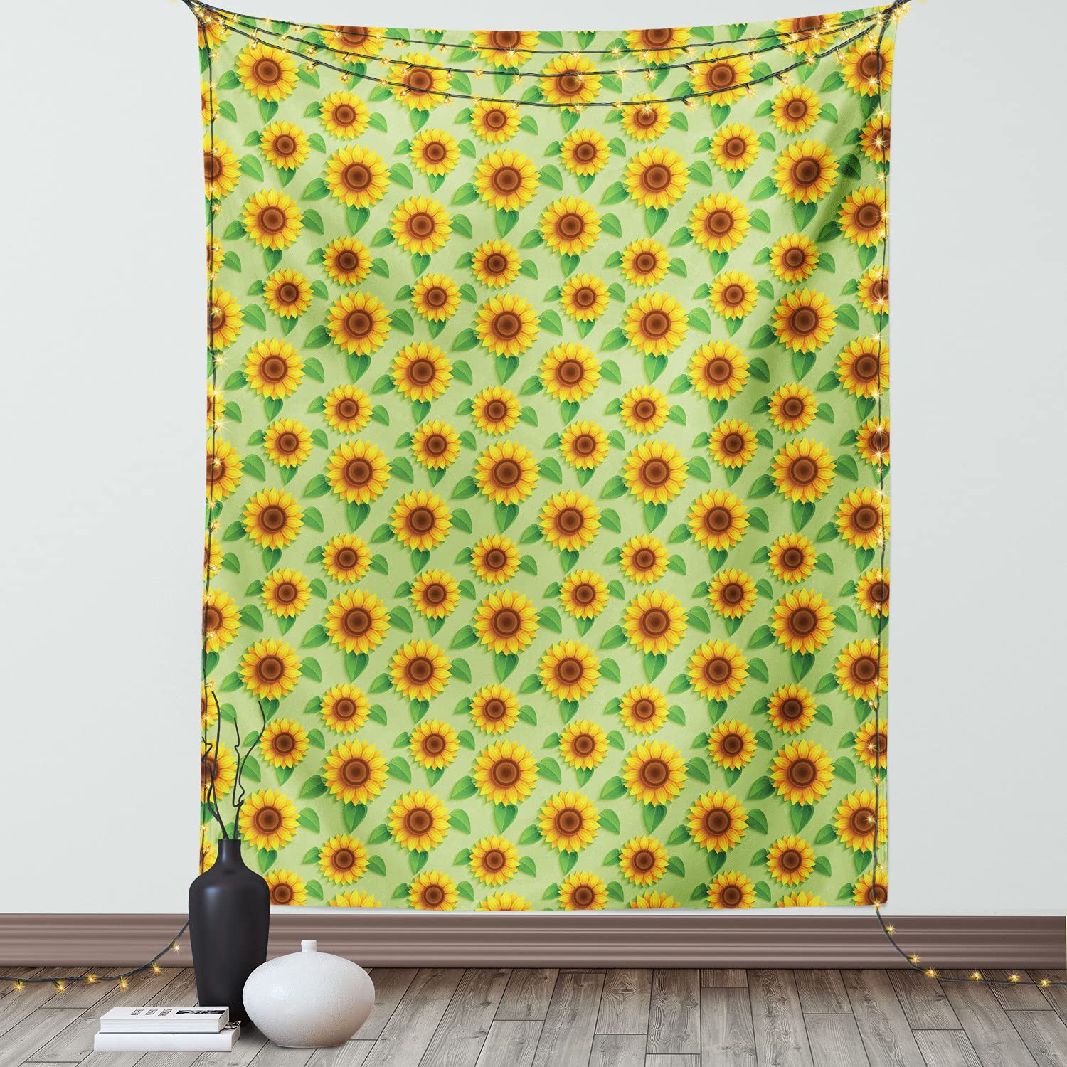 Ambesonne Floral Yellow Tapestry - Sunflower Wall Hanging with Leaves for Summer Decor, 60x80 Inch Bohemian Bedroom & Living Room Tapestry, Pistachio Green & Redbrown - Perfect for Dorm, Home Decor & Photo Backdrops