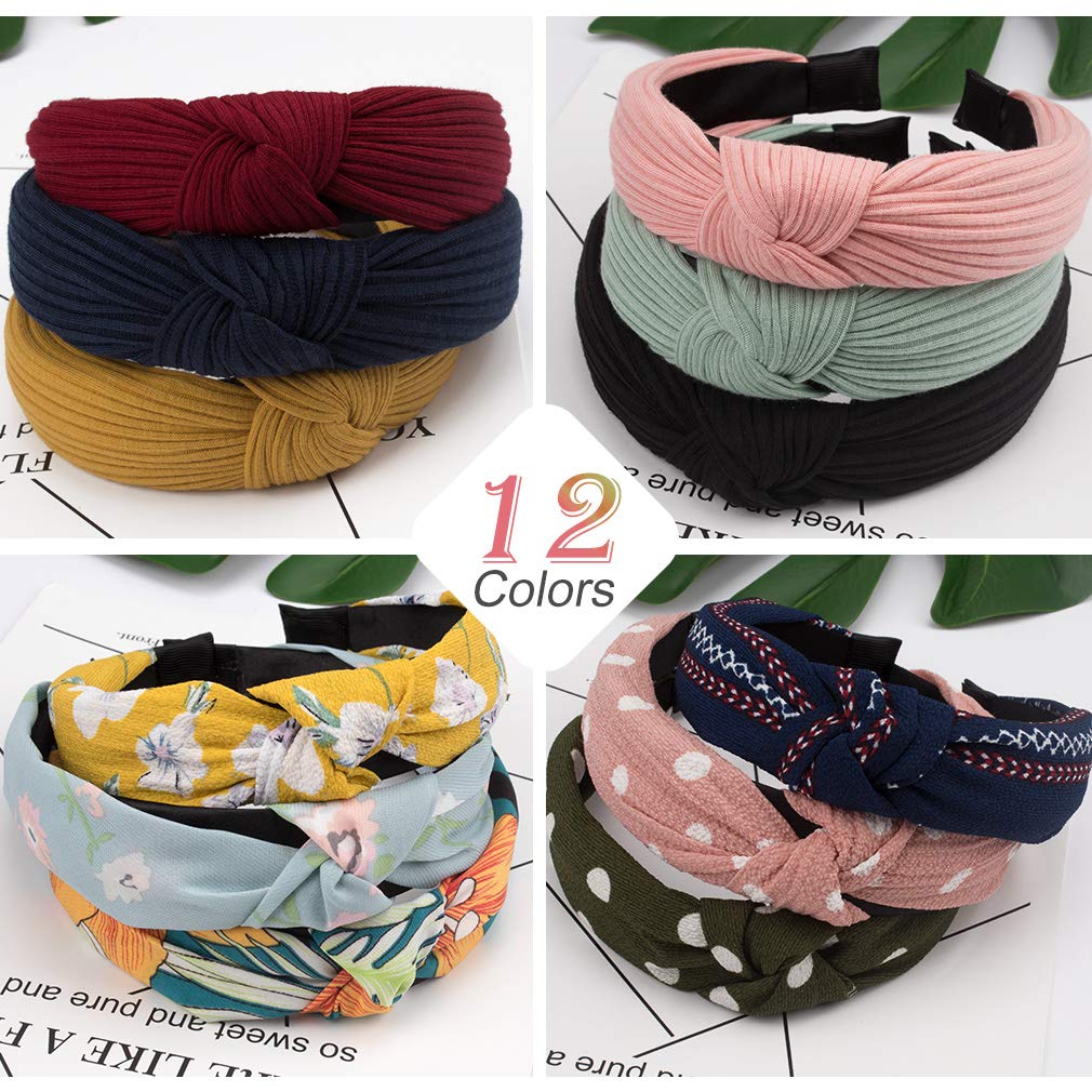 12 Pack Women's Boho Headbands - VELSCRUN Knotted Elastic Turban Bandeau Wide Hair Accessories for Face Washing, Yoga, Workout & Daily Wear
