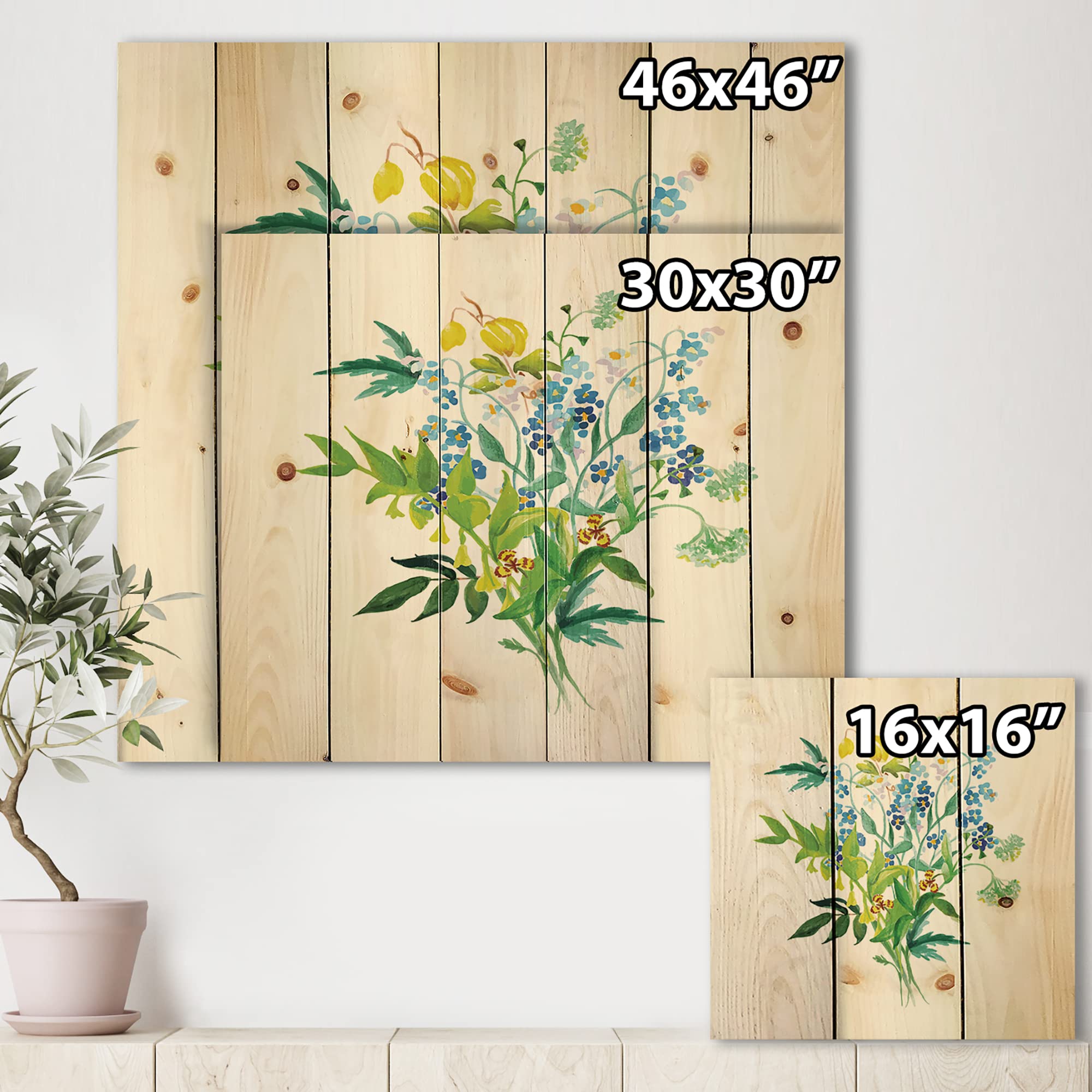 DesignQ Meadow Flowers Garland Farmhouse Wood Wall Decor - Green Floral Wood Wall Art Panels Printed on Natural Pine - Perfect for Living Room, Bedroom & Farmhouse Decor