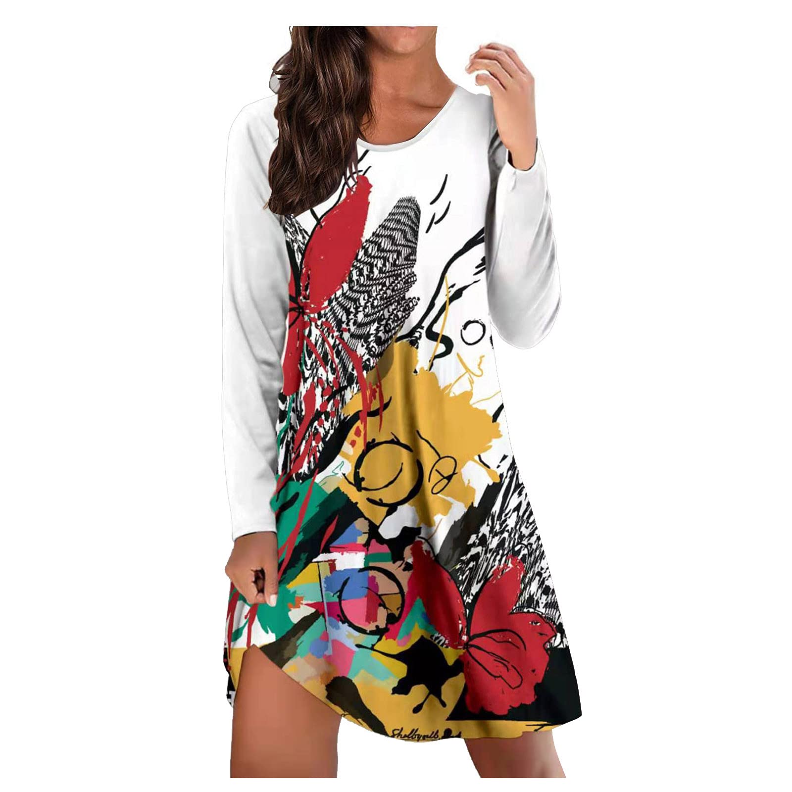 Floral Sundress for Women - Long Sleeve Round Neck Chiffon Party Dress - Elegant Casual & Formal Wear for Summer, Beach, Wedding & Special Occasions