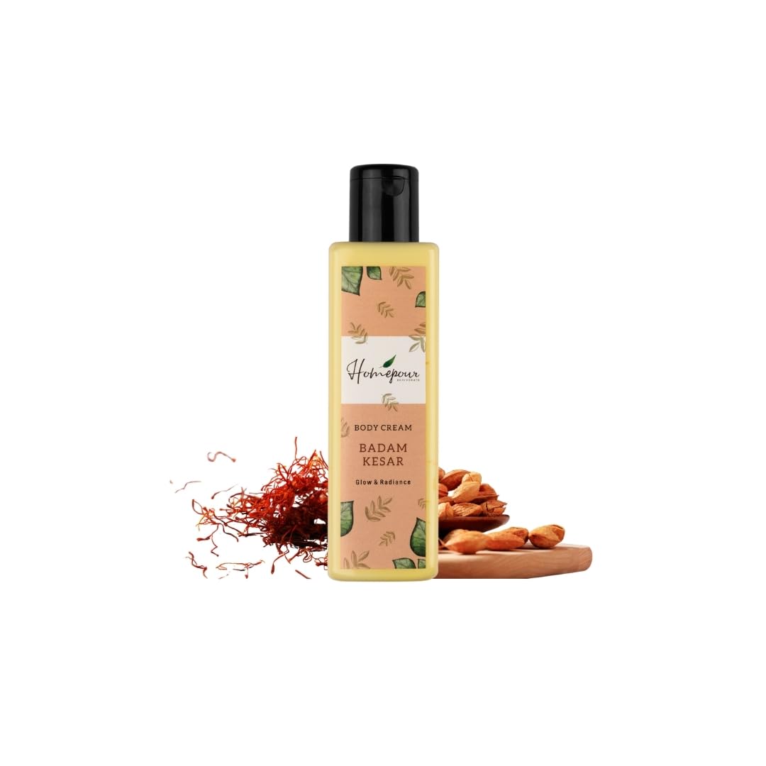 Badam Kesar Body Cream for Glowing Skin - 200g Handmade Moisturizer with Almond & Saffron - Hydrating Body Lotion for Dry Skin Care & Nighttime Routine