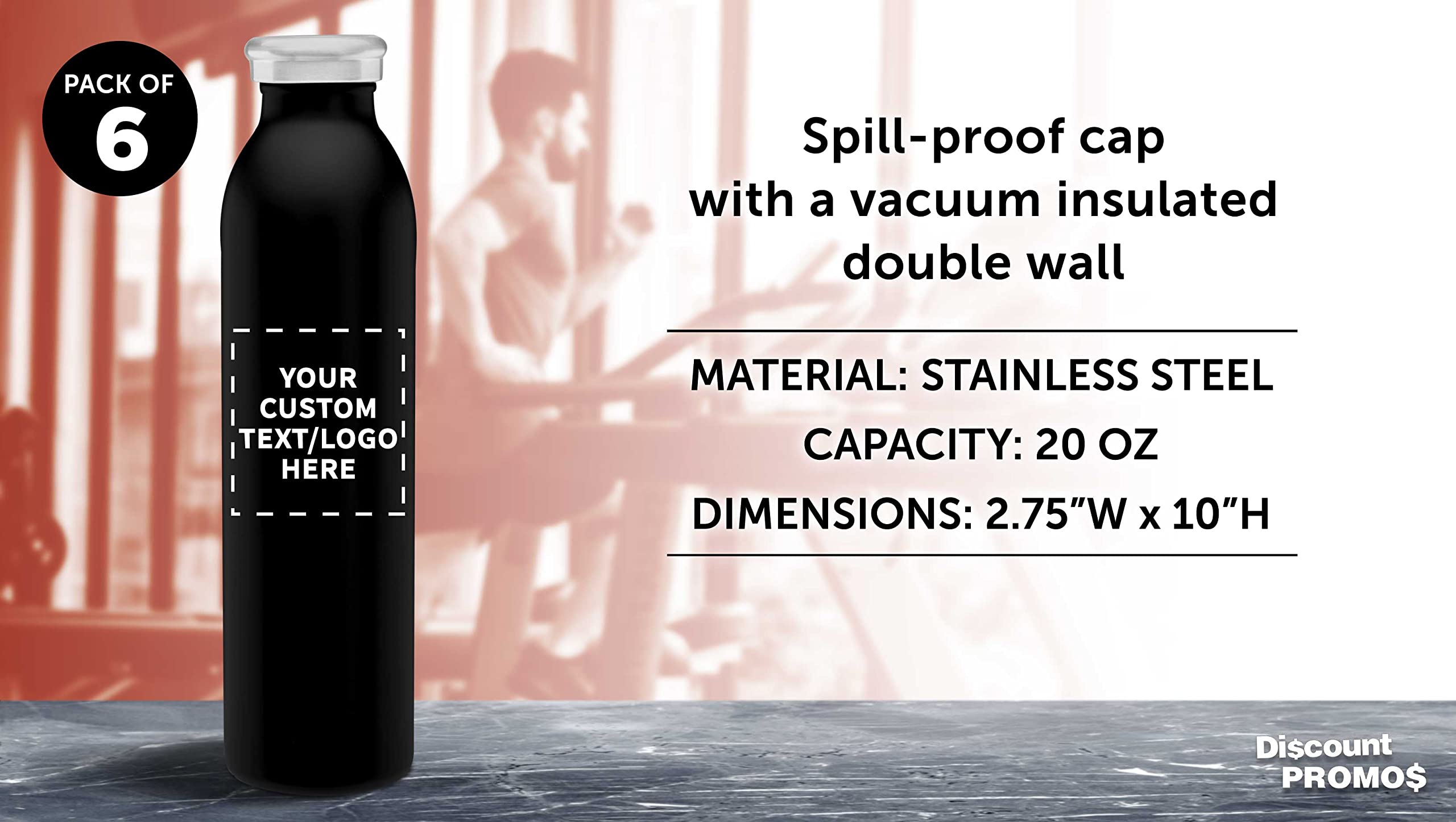 Custom 20oz Stainless Steel Water Bottles Set of 6 - Double Wall Vacuum Insulated, Personalized Bulk Pack for Coffee, Tea & Cold Drinks - Perfect for Office, Gym, Travel & Outdoor Activities - Black