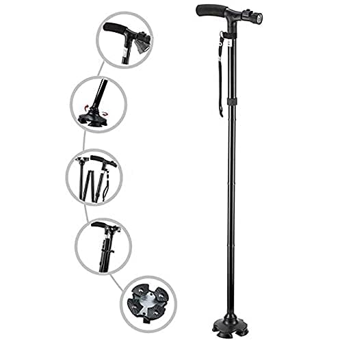 Adjustable Non-Slip Folding Walking Cane with LED Light - Free Standing Base for Seniors & Hiking - Lightweight Support for Outdoor Activities, Travel & Daily Use