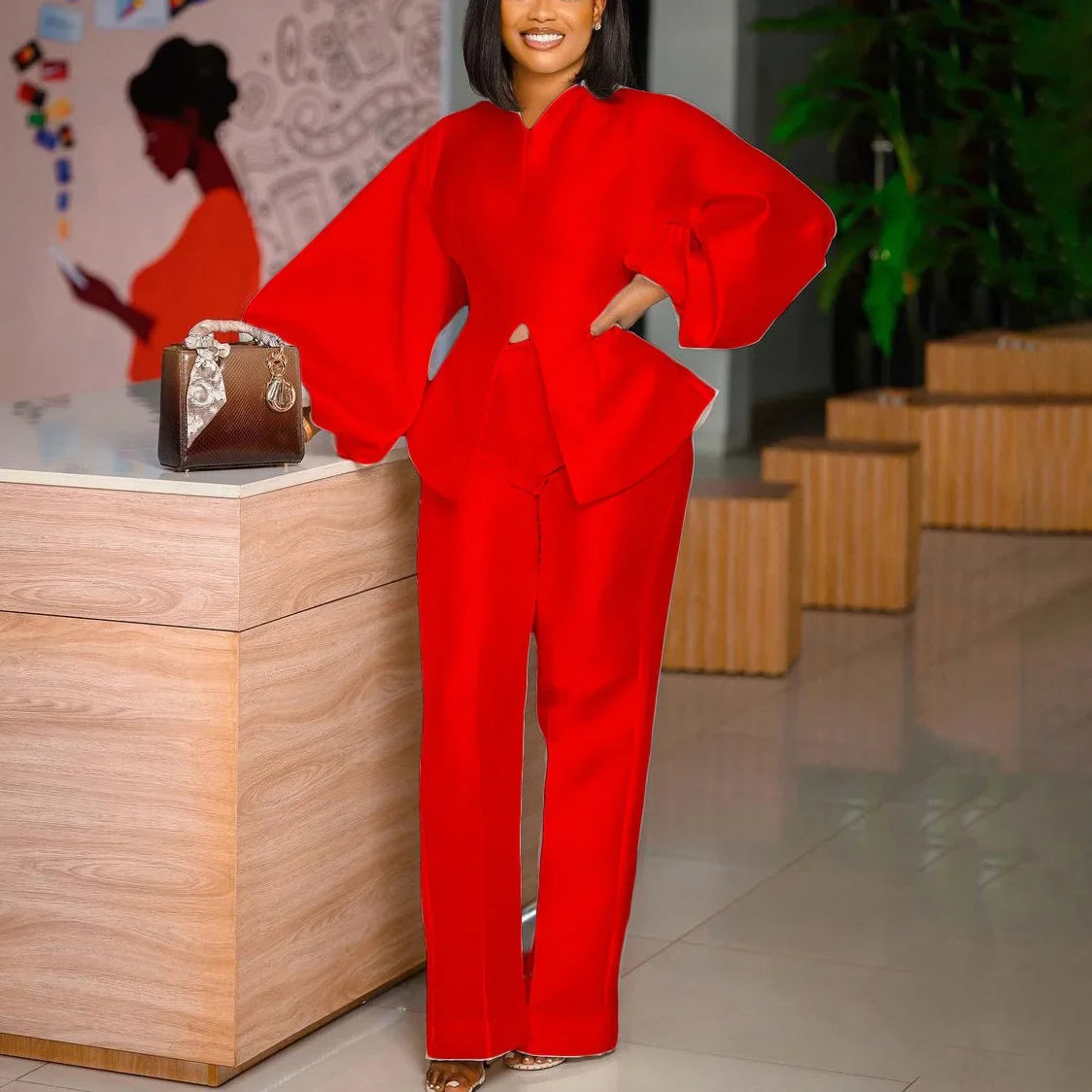 2-Piece Women's Satin Pants Set - Elegant Solid Blouse with Full Sleeves & Long Trousers for Office Work Wear | Professional Outfit for Business Meetings & Formal Occasions