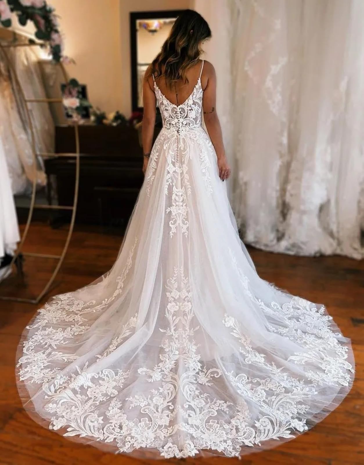 OFEECHUN Women's Lace Applique Beach Wedding Dress - Elegant V-Neck Tulle Bridal Gown with Thigh Slit for Bride | Perfect for Beach Weddings, Destination Elopements & Romantic Photoshoots