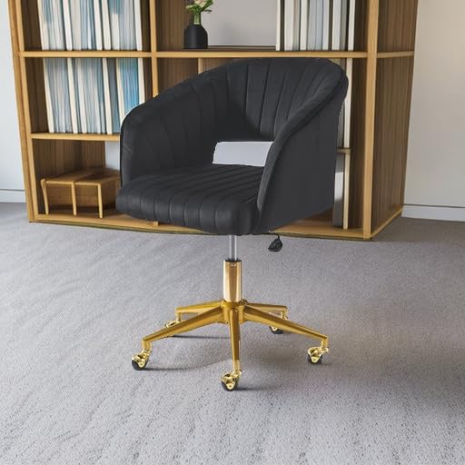 Kiztir Velvet Home Office Chair with Gold Base - Modern Swivel Desk Chair with Round Solid Wheels & Adjustable Height - Ergonomic Computer Chair for Study, Living Room, Bedroom - Perfect for Remote Work & Home Decor (Black)