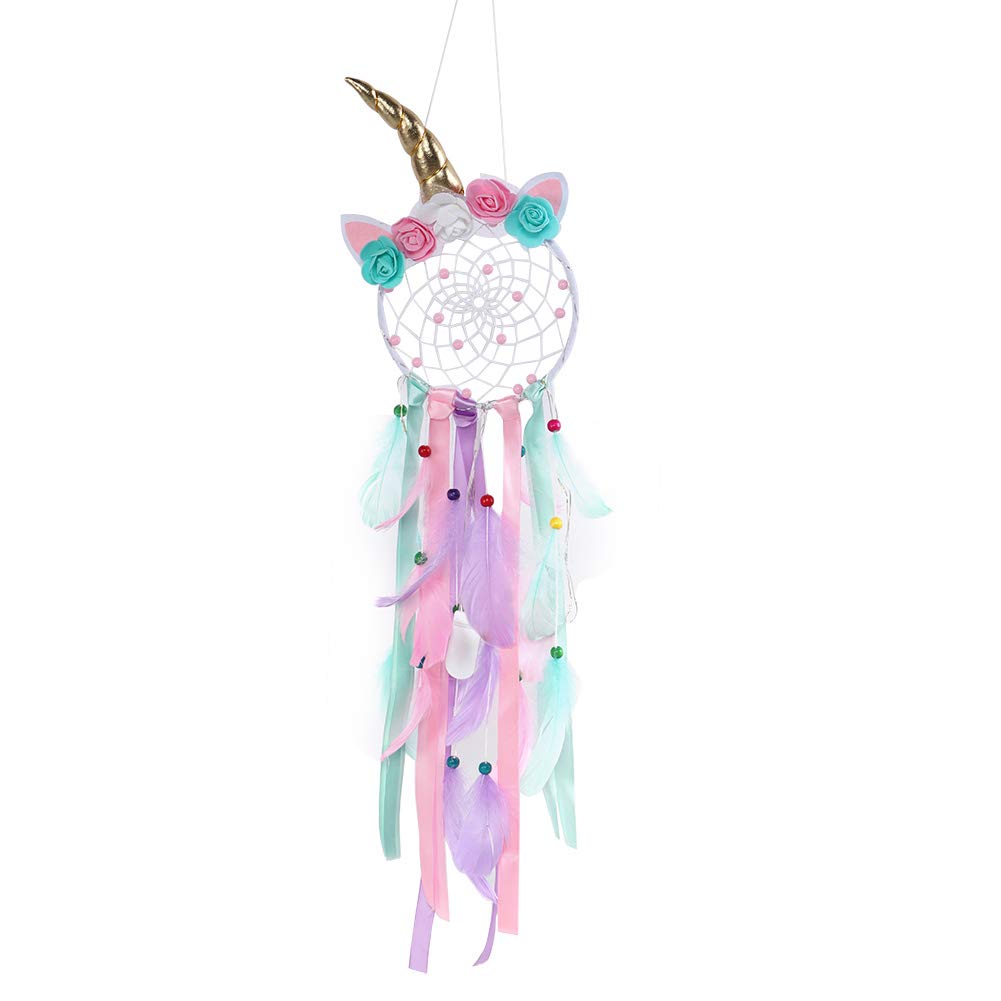 LED Dream Catcher with Light Feathers - Unicorn Wind Chime Wall Decor for Girls' Bedroom | Magical Night Light & Boho Room Decoration for Nursery, Kids Room, Dorm, and Gift Ideas