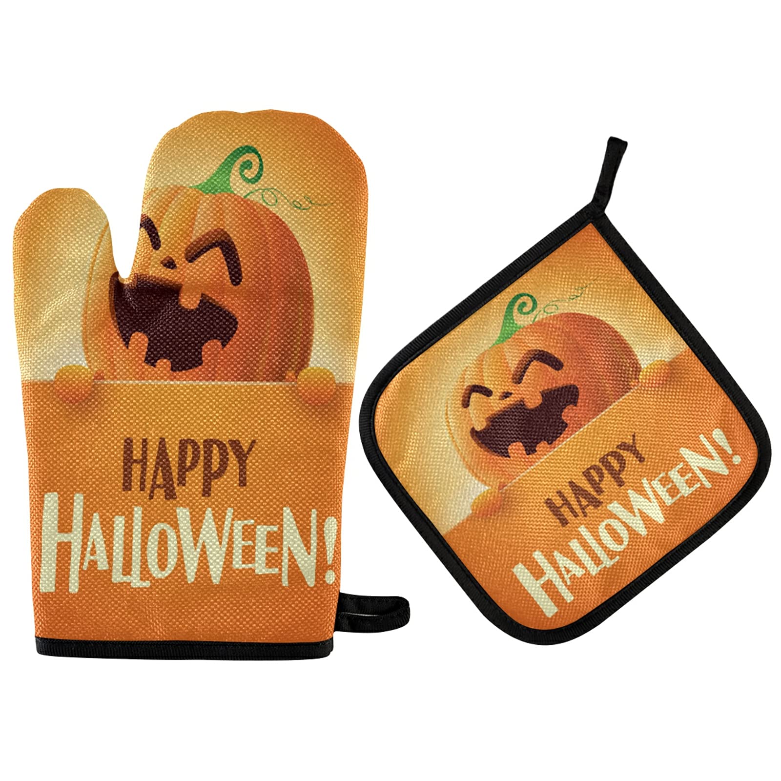 Halloween Oven Mitts & Pot Holders Set - 2-Piece Non-Slip Heat Resistant Kitchen Gloves with Pumpkin Design for Baking, Cooking, BBQ - Perfect Fall Decor & Thanksgiving Kitchen Accessories