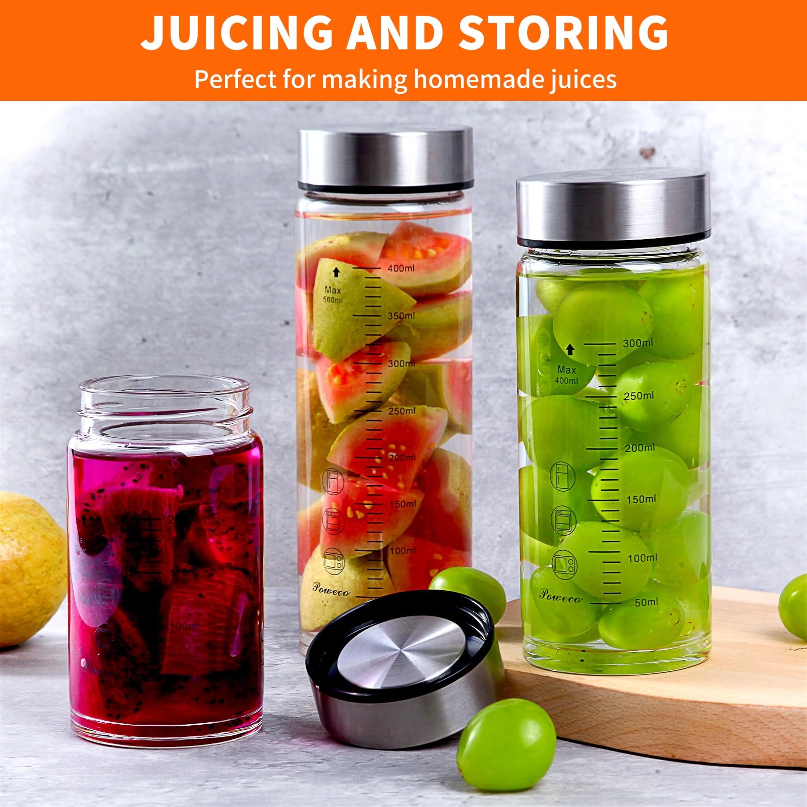 4 Pack 12oz Glass Juice Bottles with Lids - BPA Free Wide Mouth Reusable Water Bottles for Smoothies, Protein Shakes & Milk - Stainless Steel Lids Perfect for Blending, Juicing & Gym Use (400ml)