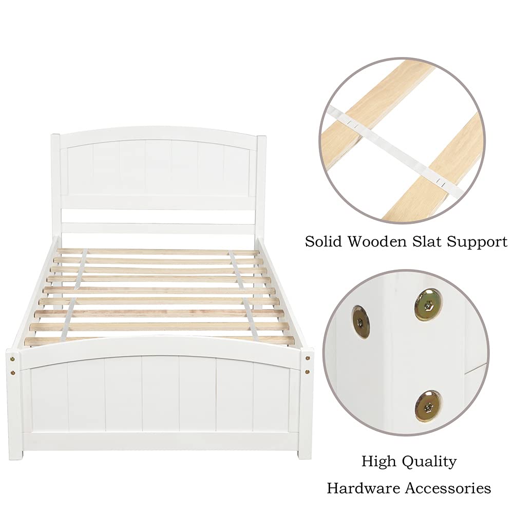 Twin Size Wood Platform Bed Frame with Headboard & Footboard - Sturdy Wood Slat Support, White - Perfect for Kids' Rooms, Guest Bedrooms & Small Spaces