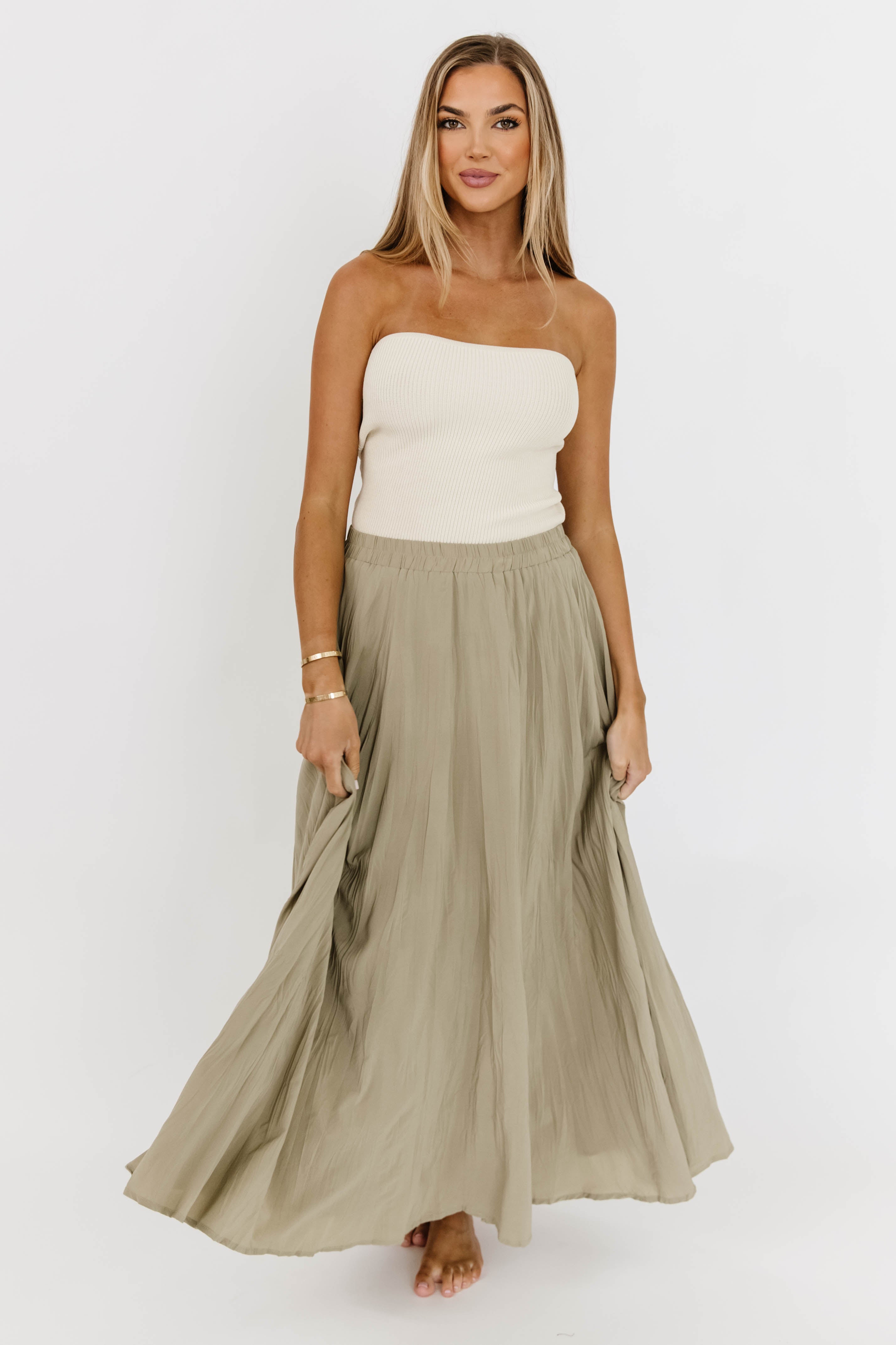 Apolline Crinkle Maxi Skirt in Sage Green | Flowy Boho Long Skirt for Women | Perfect for Beach, Vacation & Summer Outfits