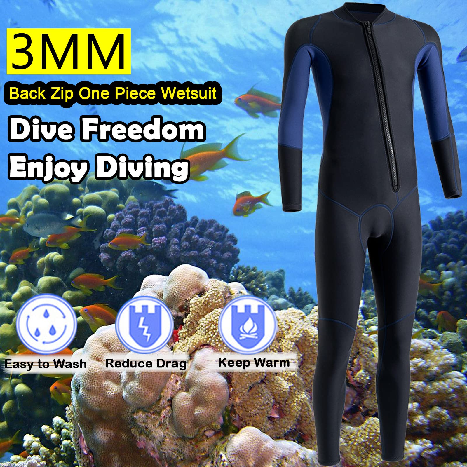 3mm Neoprene Full Body Wetsuit for Men - Long Sleeve Diving Suit with Front Zipper & UV Protection - Ideal for Swimming, Diving, Surfing, Kayaking & Snorkeling - Perfect for Water Sports & Beach Activities (YY02)